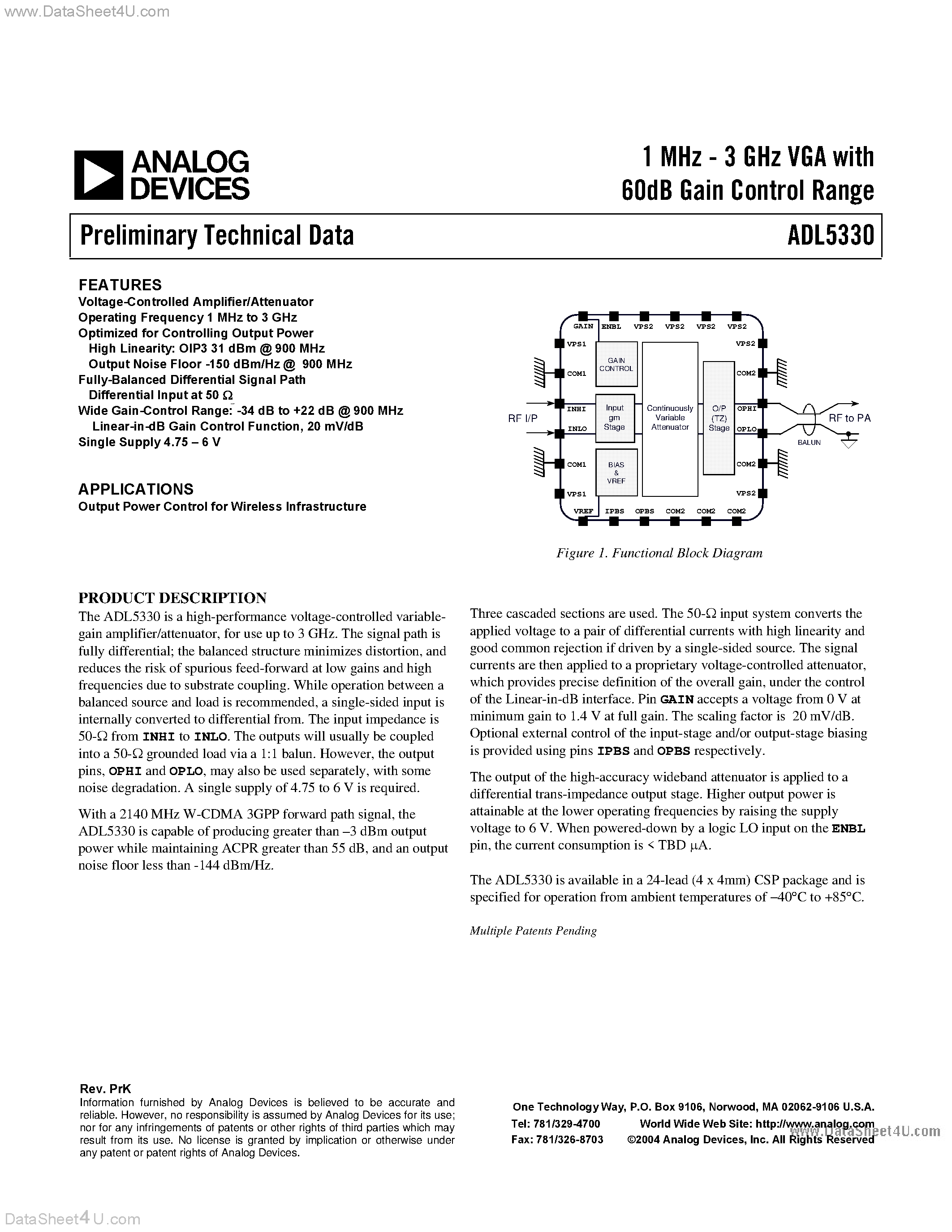 Datasheet ADL5330 - 1 MHz - 3 GHz VGA with 60dB Gain Control Range page 1