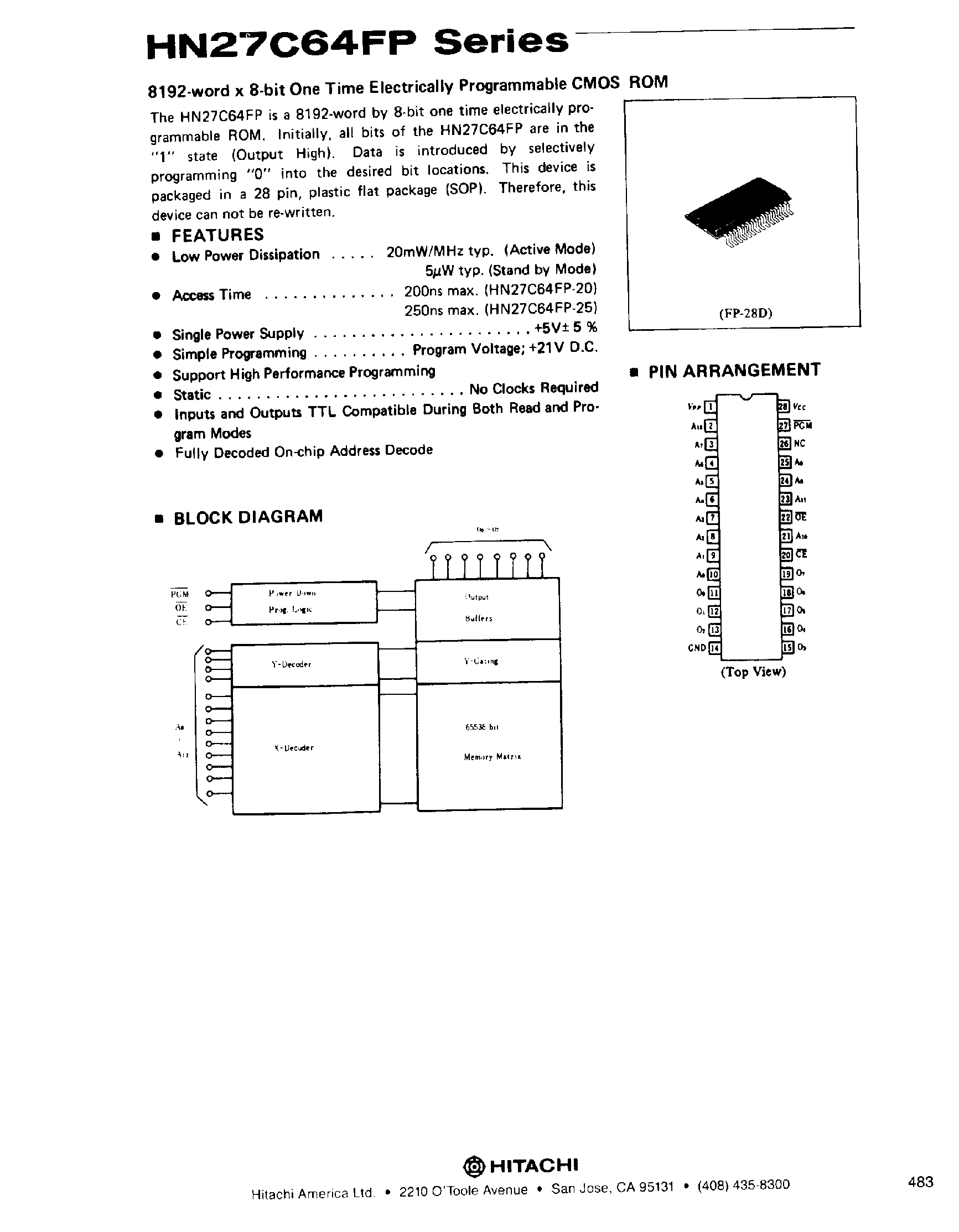 Даташит HN27C64FP - 8192-WORD X 8BIR ONE TIME ELECTRICALLY PROGRAMMABLE CMOS ROM страница 1