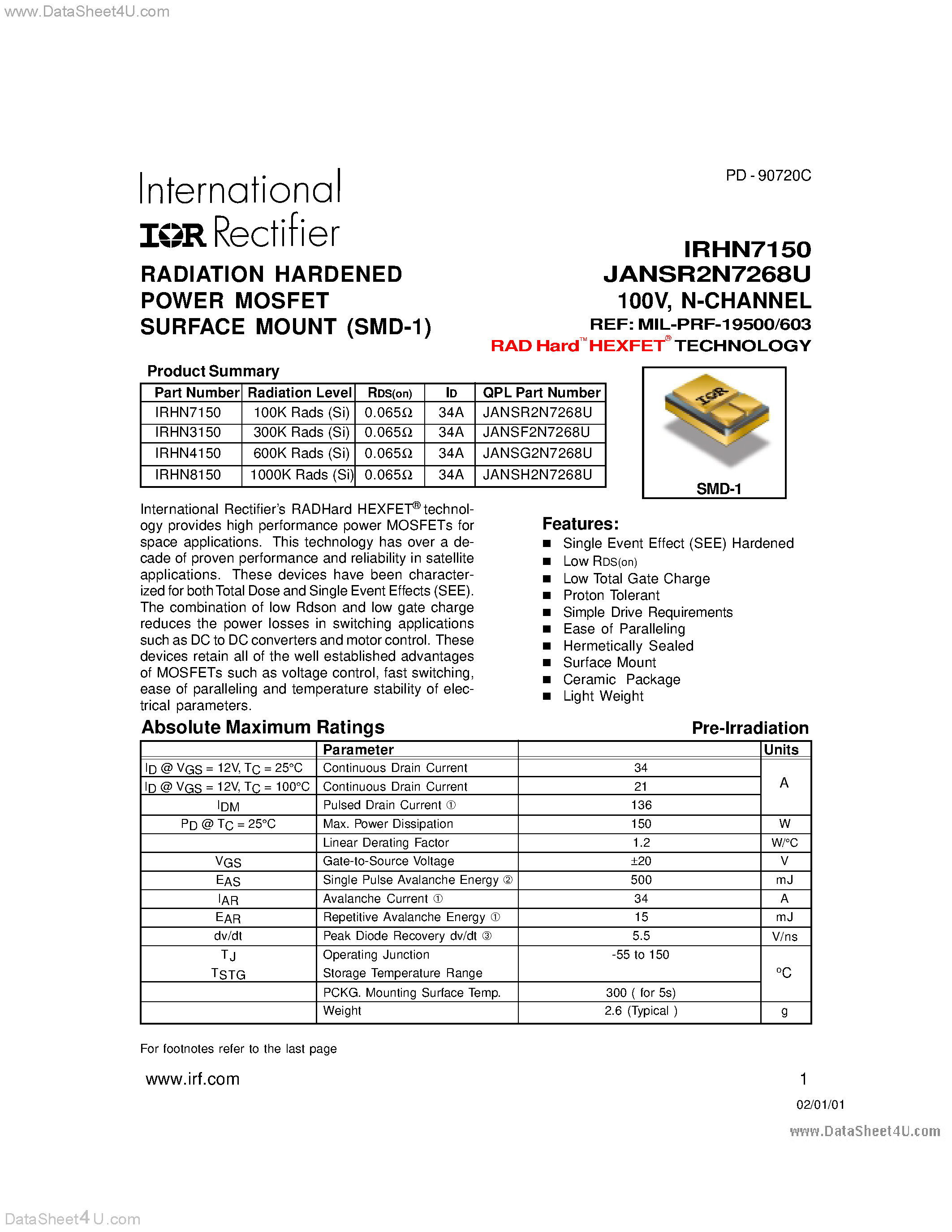 Даташит на микросхему IRHN3150 страница 1 Даташит IRHN3150 - (IRHNx150) RADIATION HARDENED POWER MOSFET SURFACE MOUNT (SMD-1) страница 1