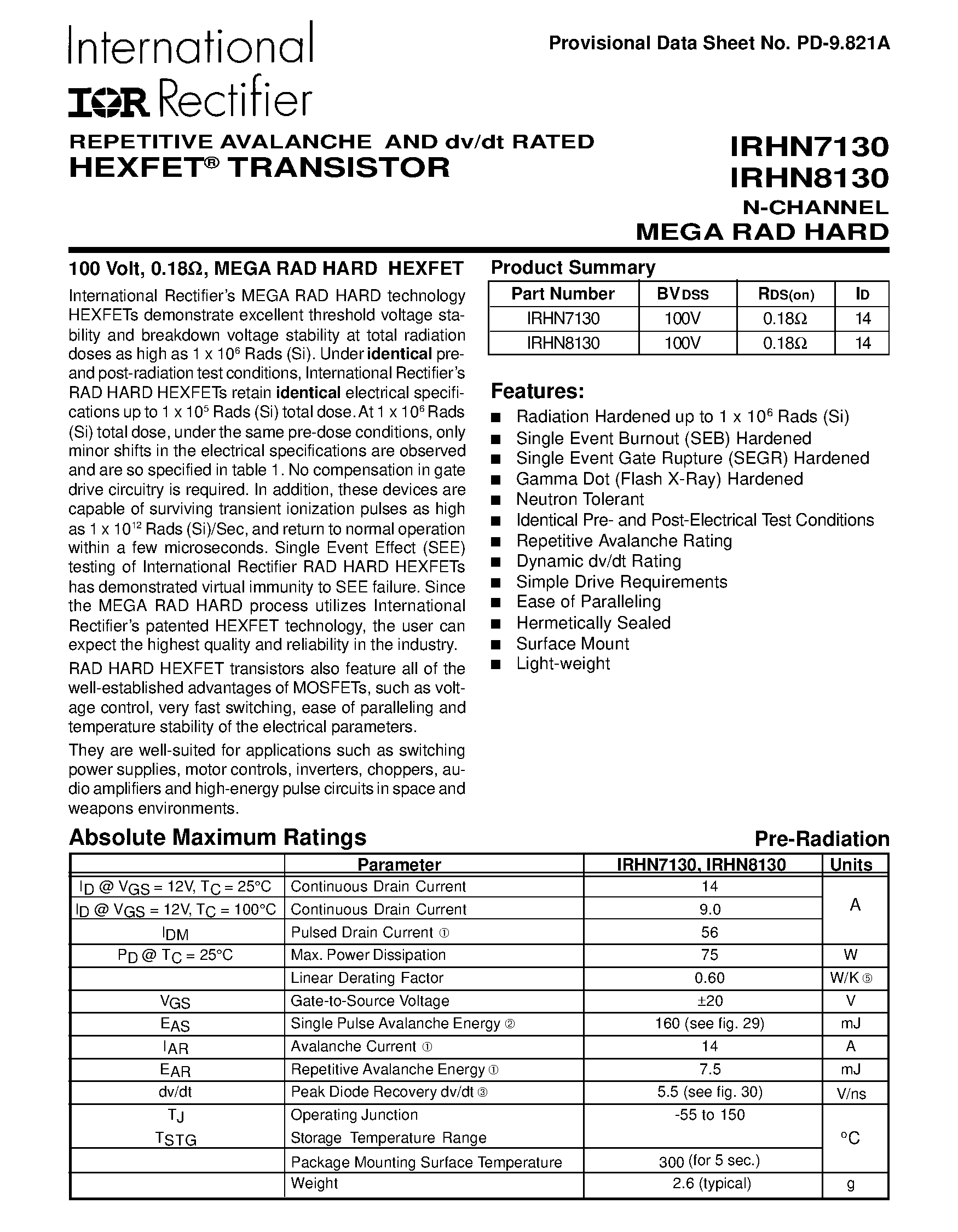 Datasheet IRHN7130 - (IRHN7130 / IRHN8130) TRANSISTOR N-CHANNEL page 1