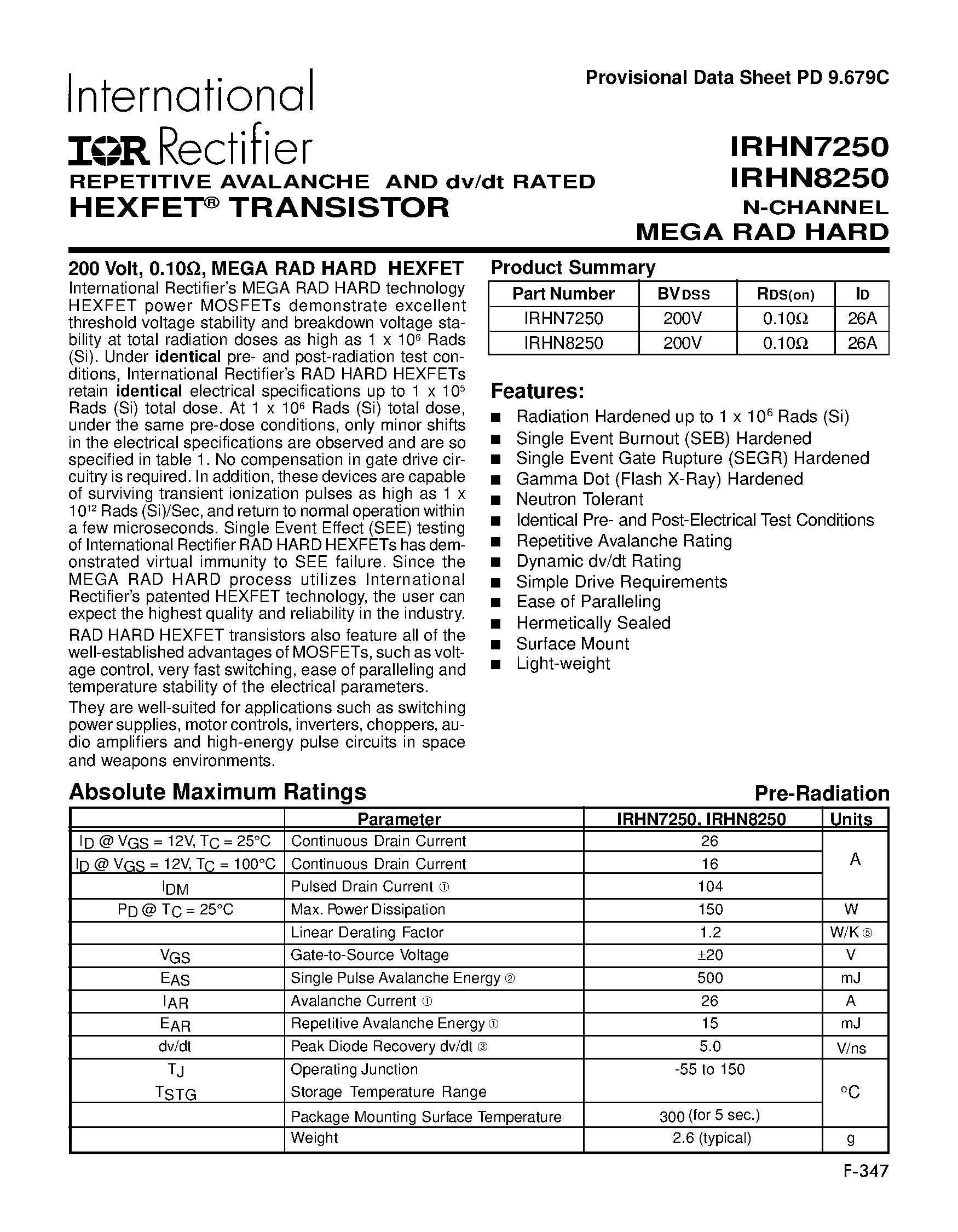 Datasheet IRHN7250 - (IRHN7250 / IRHN8250) TRANSISTOR N-CHANNEL page 1