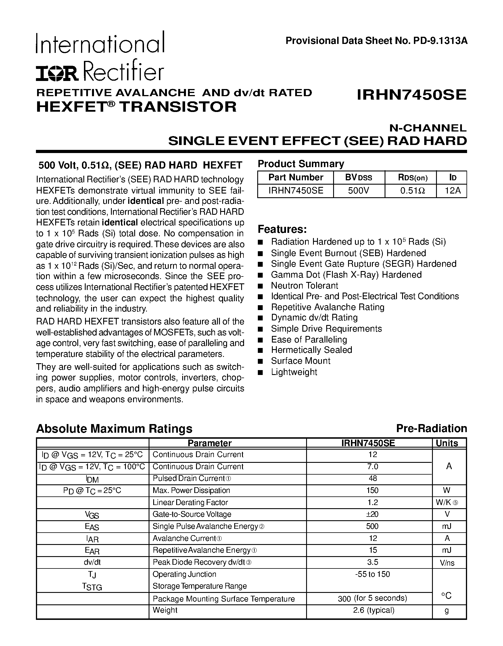 Datasheet IRHN7450SE - TRANSISTOR N-CHANNEL page 1