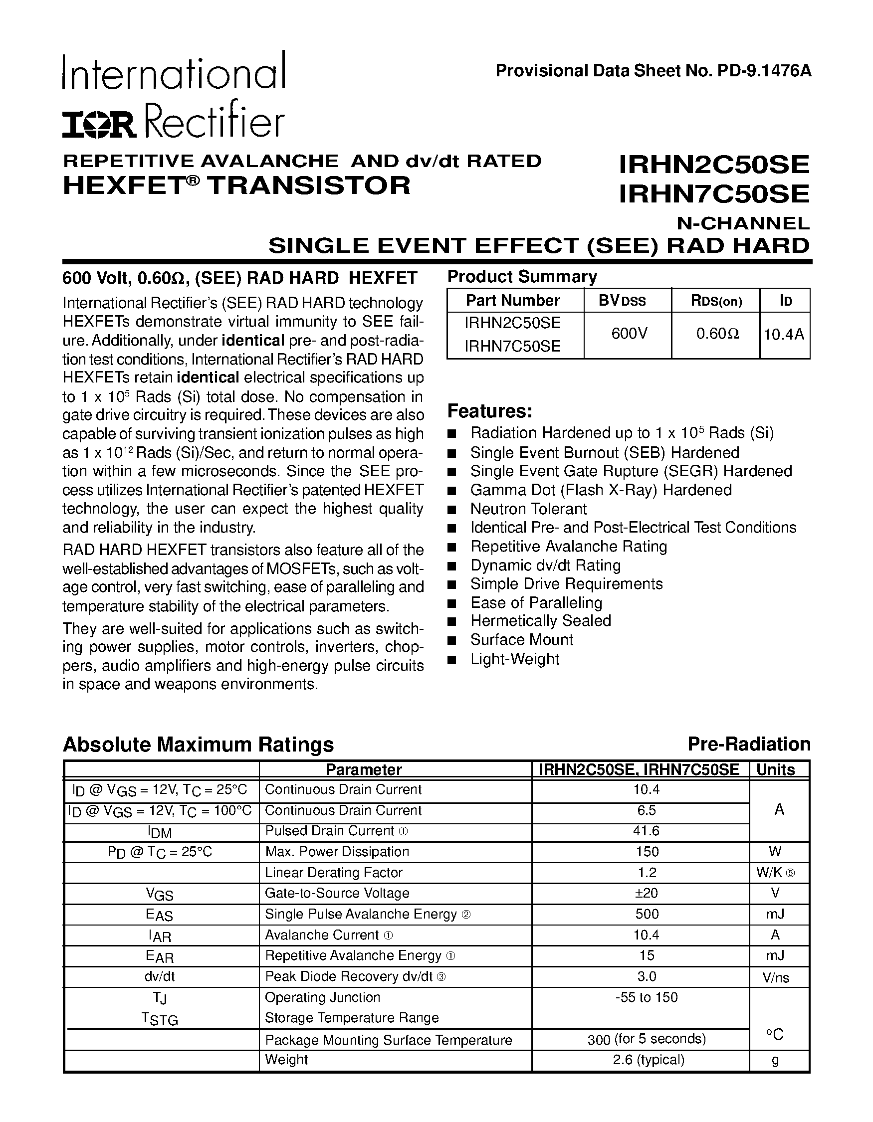 Datasheet IRHN2C50SE - (IRHN2C50SE / IRHN7C50SE) TRANSISTOR N-CHANNEL page 1