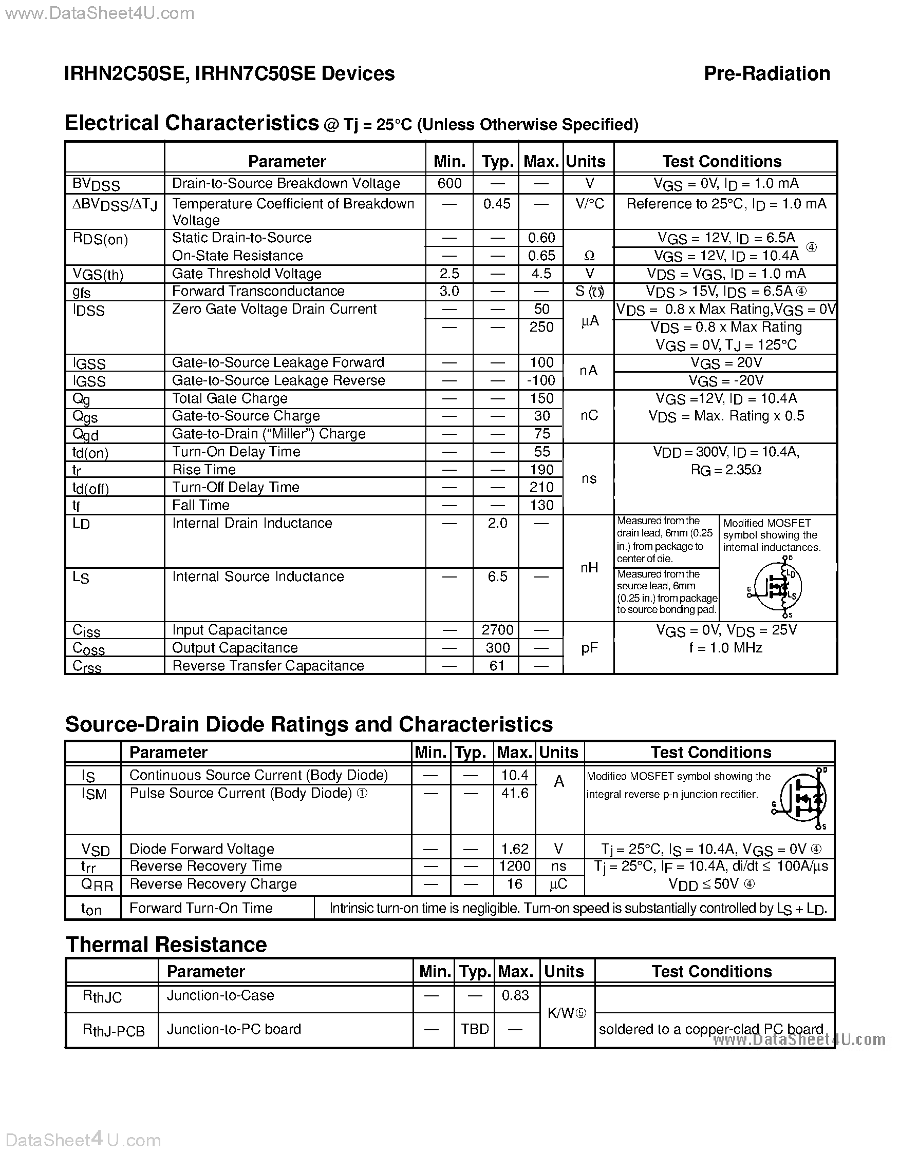 Datasheet IRHN2C50SE - (IRHN2C50SE / IRHN7C50SE) TRANSISTOR N-CHANNEL page 2