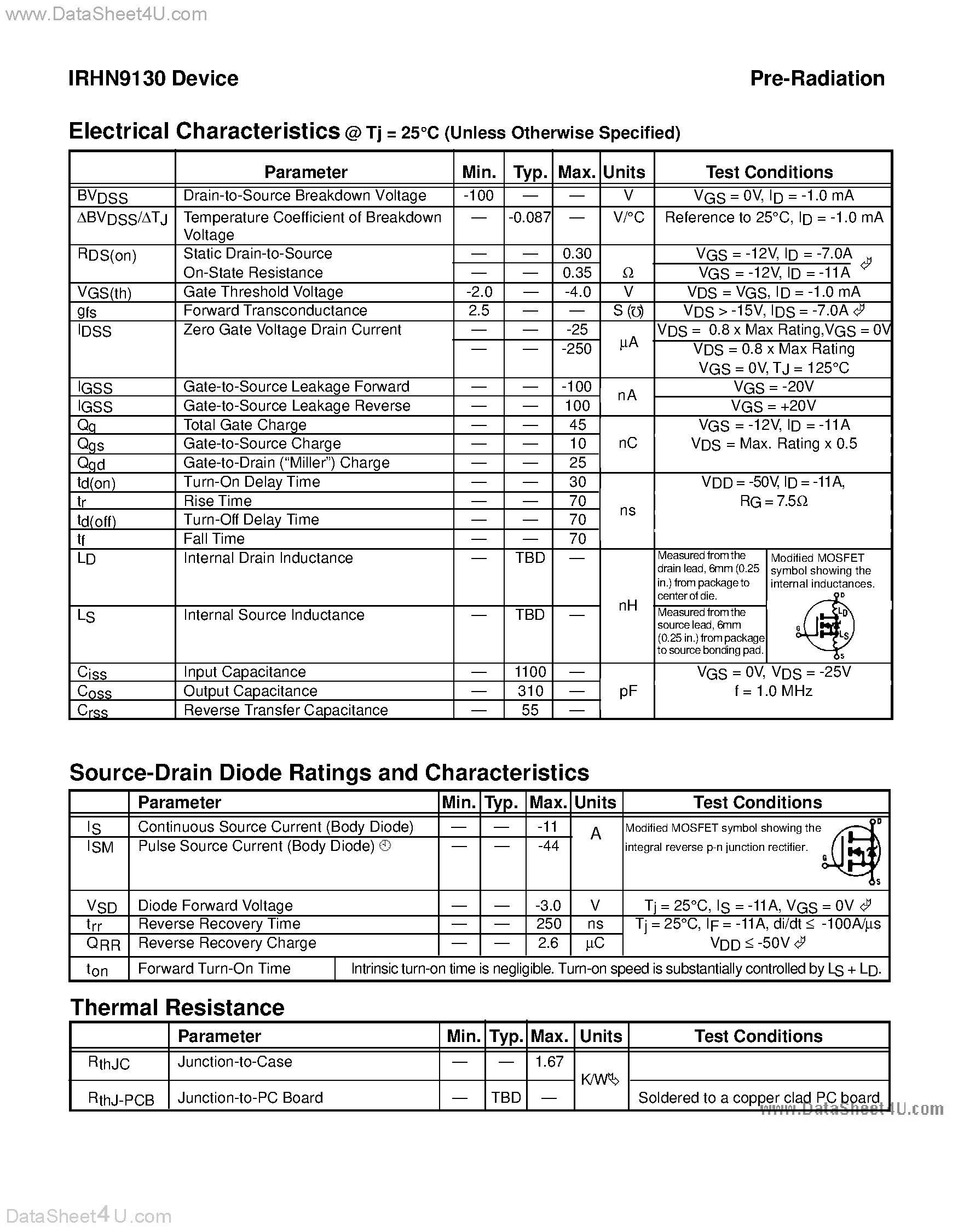 Datasheet IRHN9130 - TRANSISTOR P-CHANNEL page 2