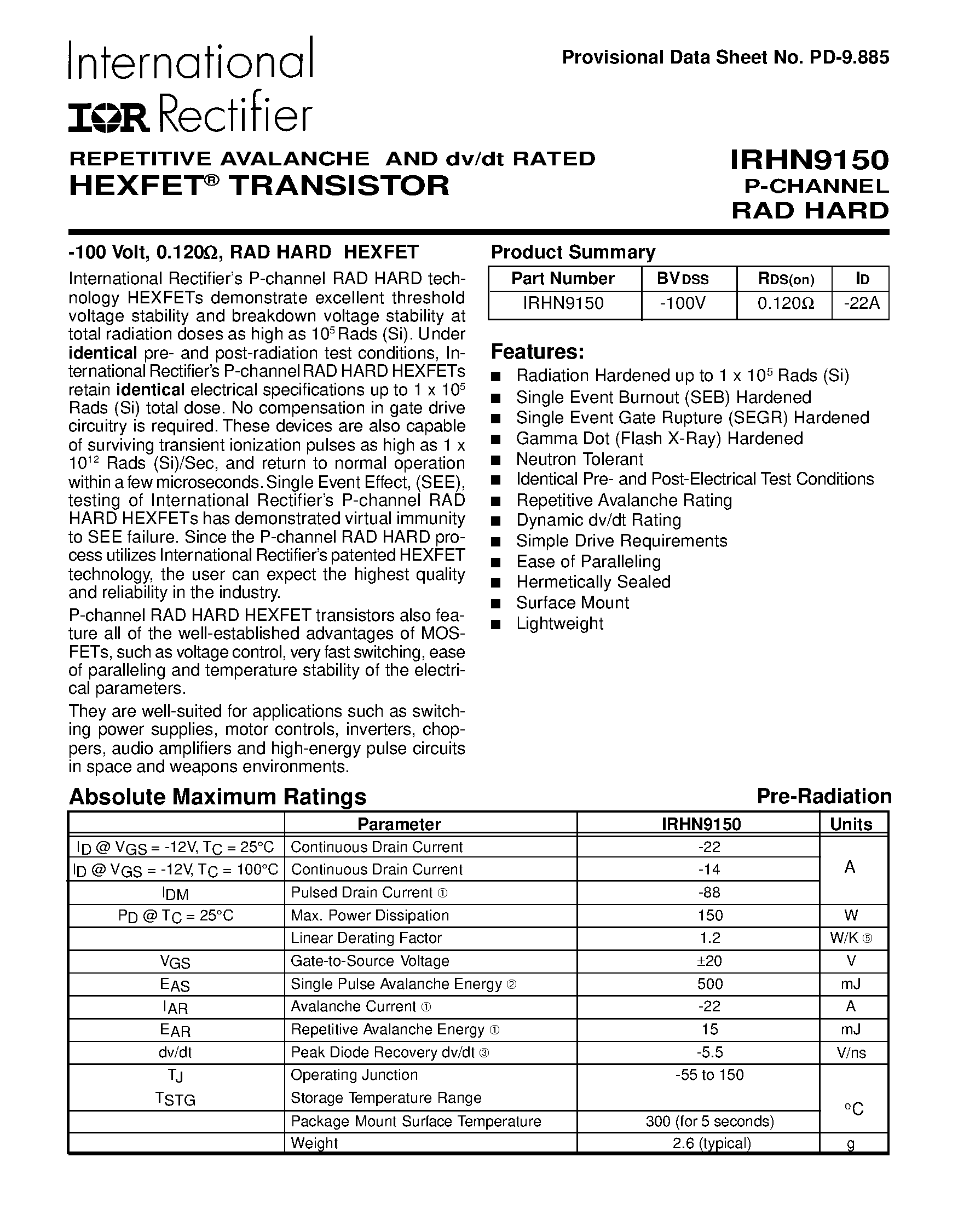 Datasheet IRHN9150 - TRANSISTOR P-CHANNEL page 1
