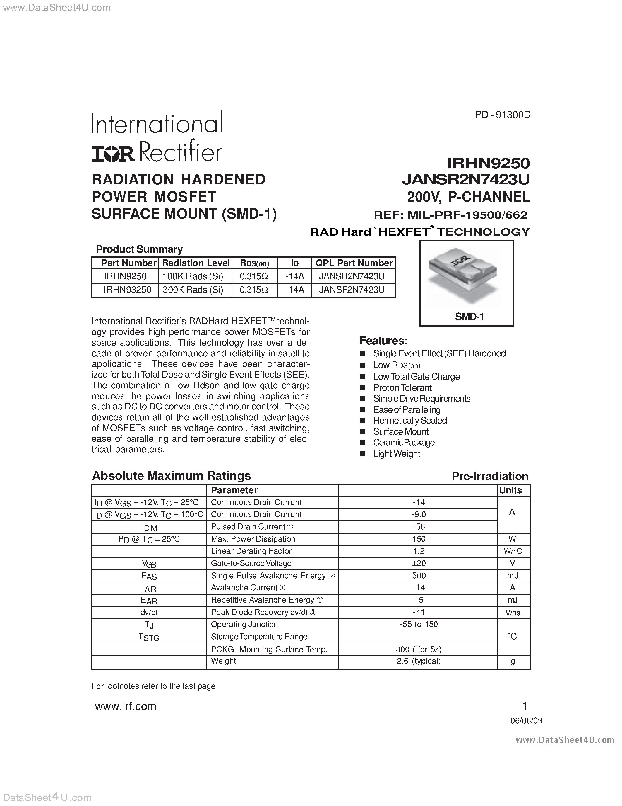 Даташит на микросхему IRHN9250 страница 1 Даташит IRHN9250 - RADIATION HARDENED POWER MOSFET SURFACE MOUNT (SMD-1) страница 1