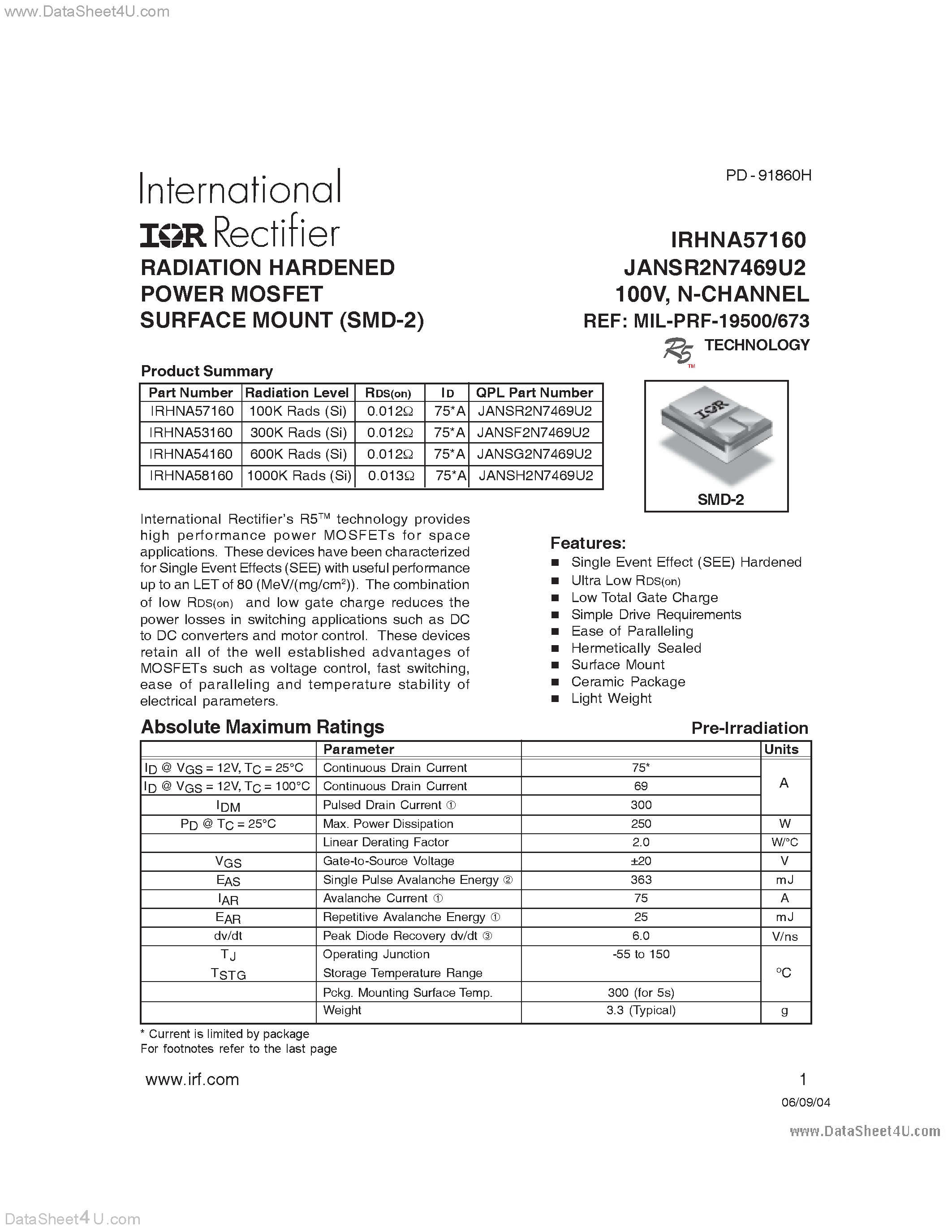 Datasheet IRHNA53160 - (IRHNA5x160) RADIATION HARDENED POWER MOSFET SURFACE MOUNT (SMD-2) page 1