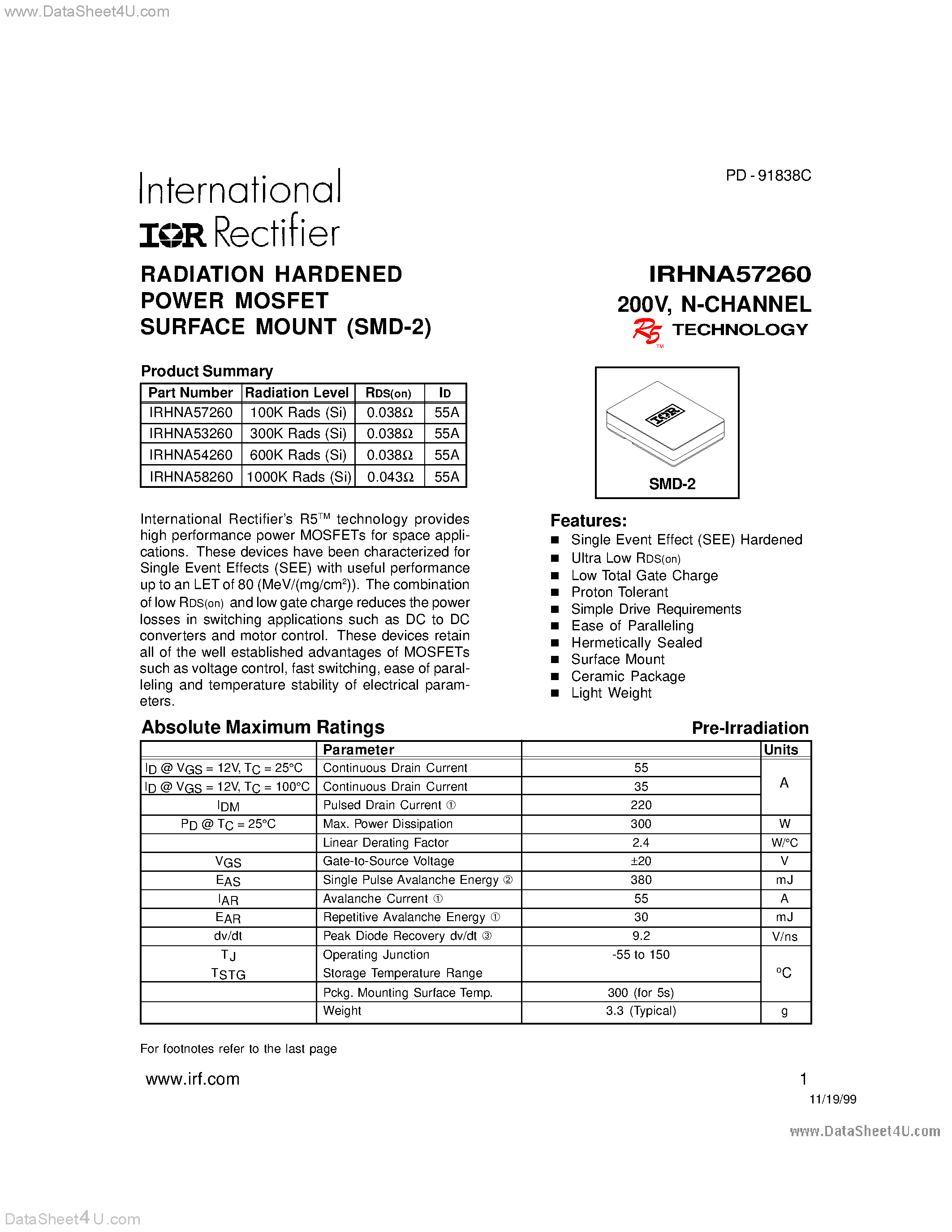 Datasheet IRHNA53260 - (IRHNA5x260) N-CHANNEL page 1