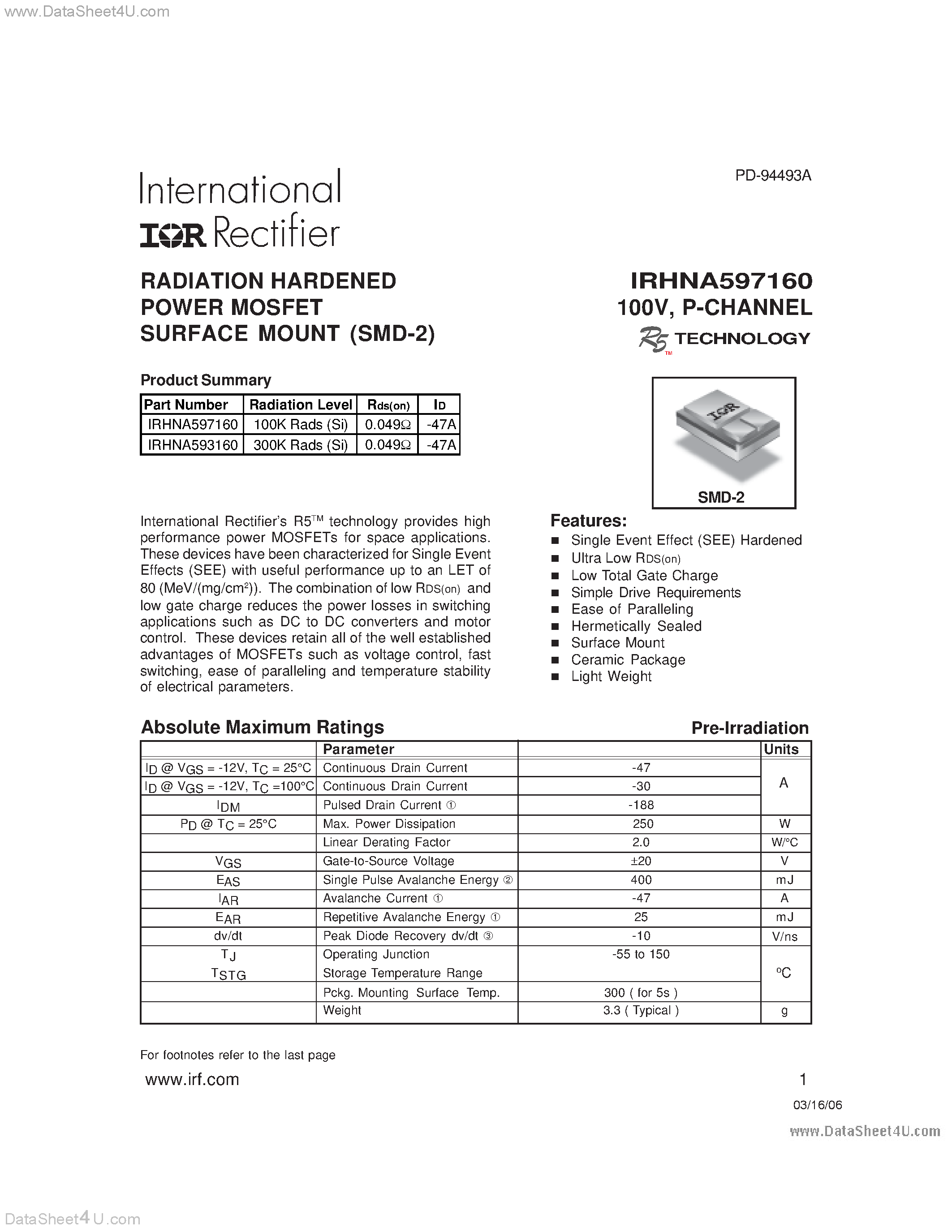 Datasheet IRHNA593160 - (IRHNA593160 / IRHNA597160) RADIATION HARDENED POWER MOSFET SURFACE MOUNT (SMD-2) page 1