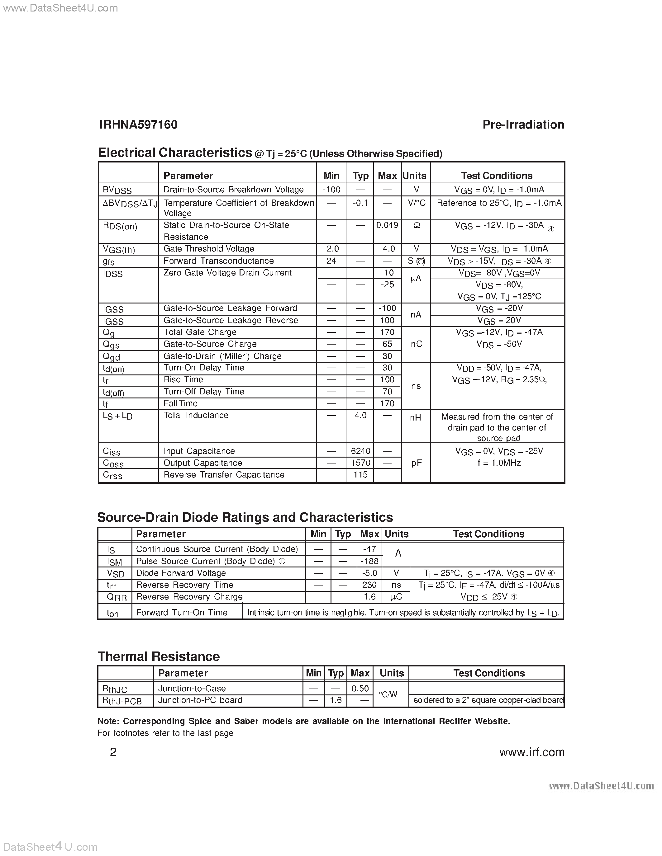 Datasheet IRHNA593160 - (IRHNA593160 / IRHNA597160) RADIATION HARDENED POWER MOSFET SURFACE MOUNT (SMD-2) page 2