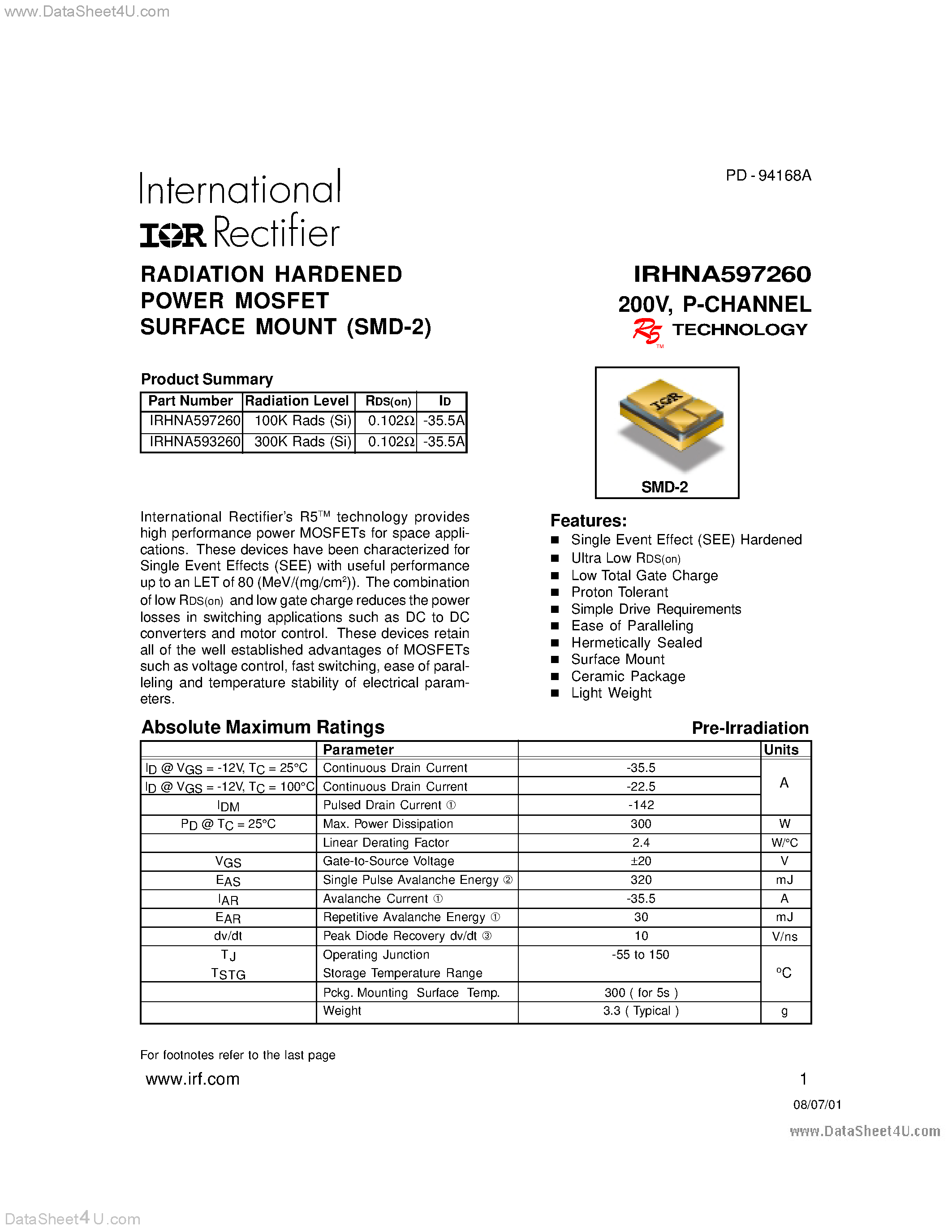 Datasheet IRHNA593260 - (IRHNA593260 / IRHNA597260) RADIATION HARDENED POWER MOSFET SURFACE MOUNT (SMD-2) page 1