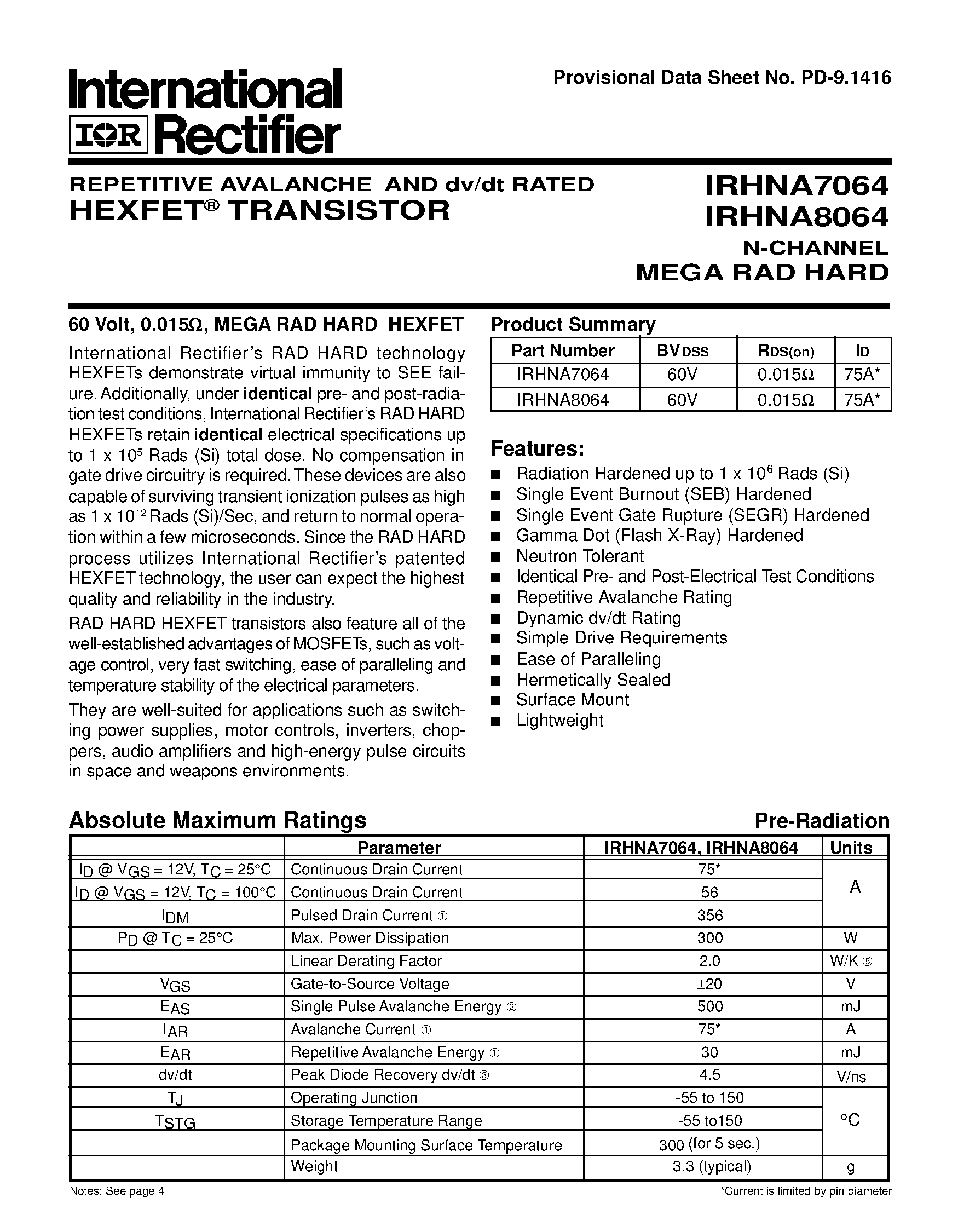 Datasheet IRHNA7064 - (IRHNA7064 / IRHNA8064) TRANSISTOR N-CHANNEL page 1