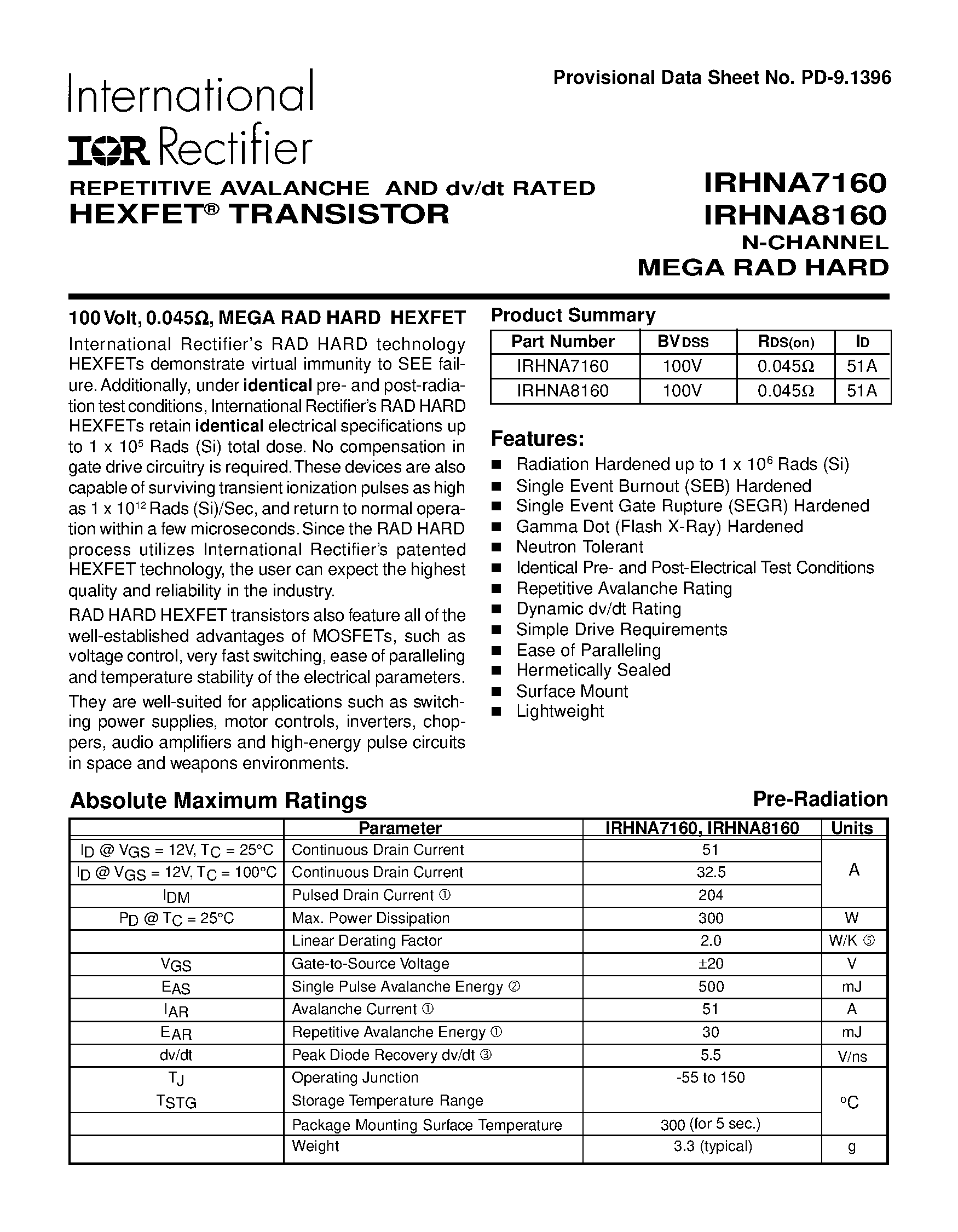 Datasheet IRHNA7160 - (IRHNA7160 / IRHNA8160) TRANSISTOR N-CHANNEL page 1