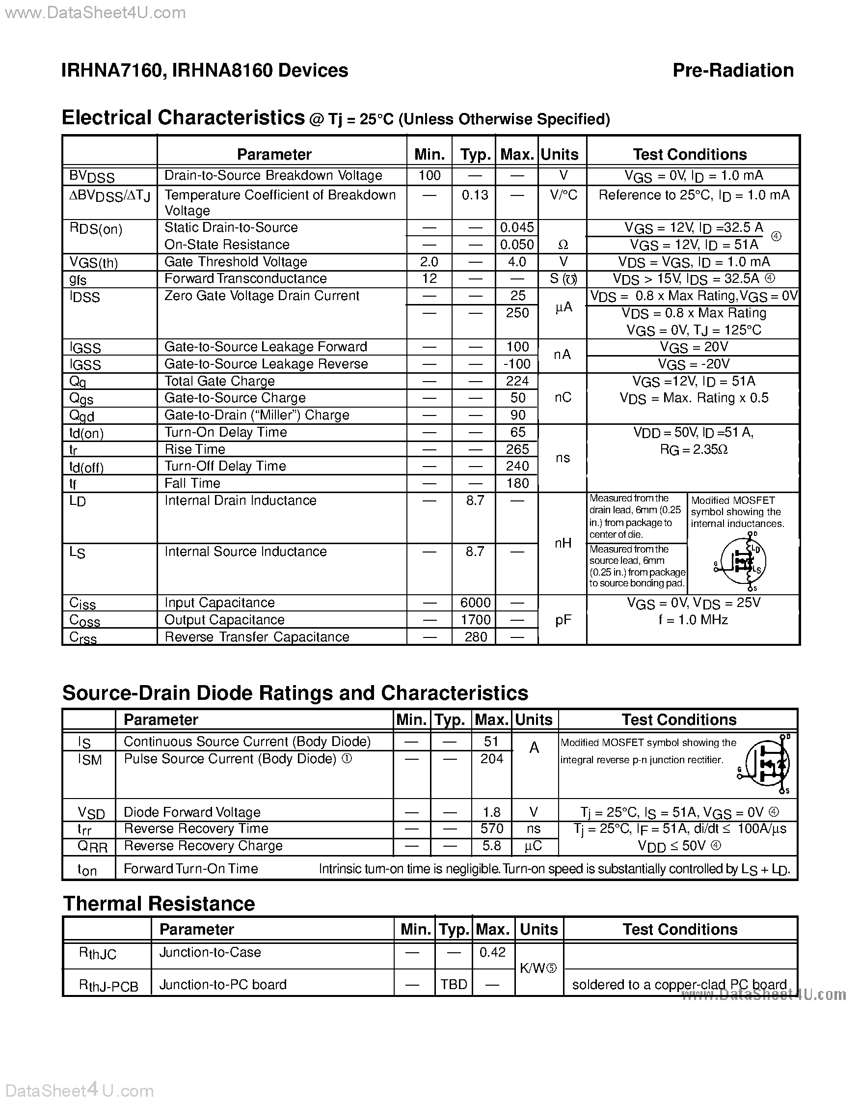 Datasheet IRHNA7160 - (IRHNA7160 / IRHNA8160) TRANSISTOR N-CHANNEL page 2