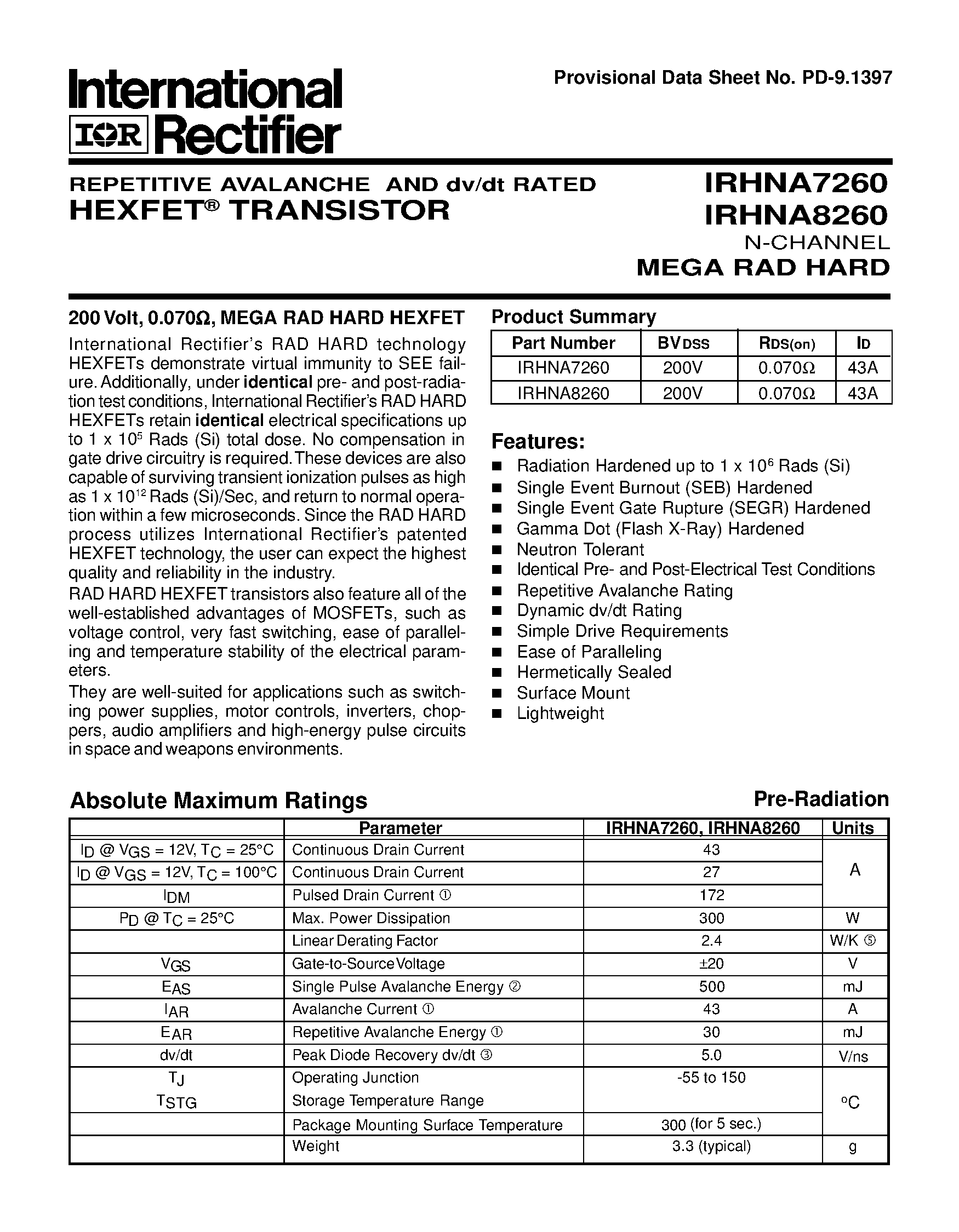 Datasheet IRHNA7260 - (IRHNA7260 / IRHNA8260) TRANSISTOR N-CHANNEL page 1