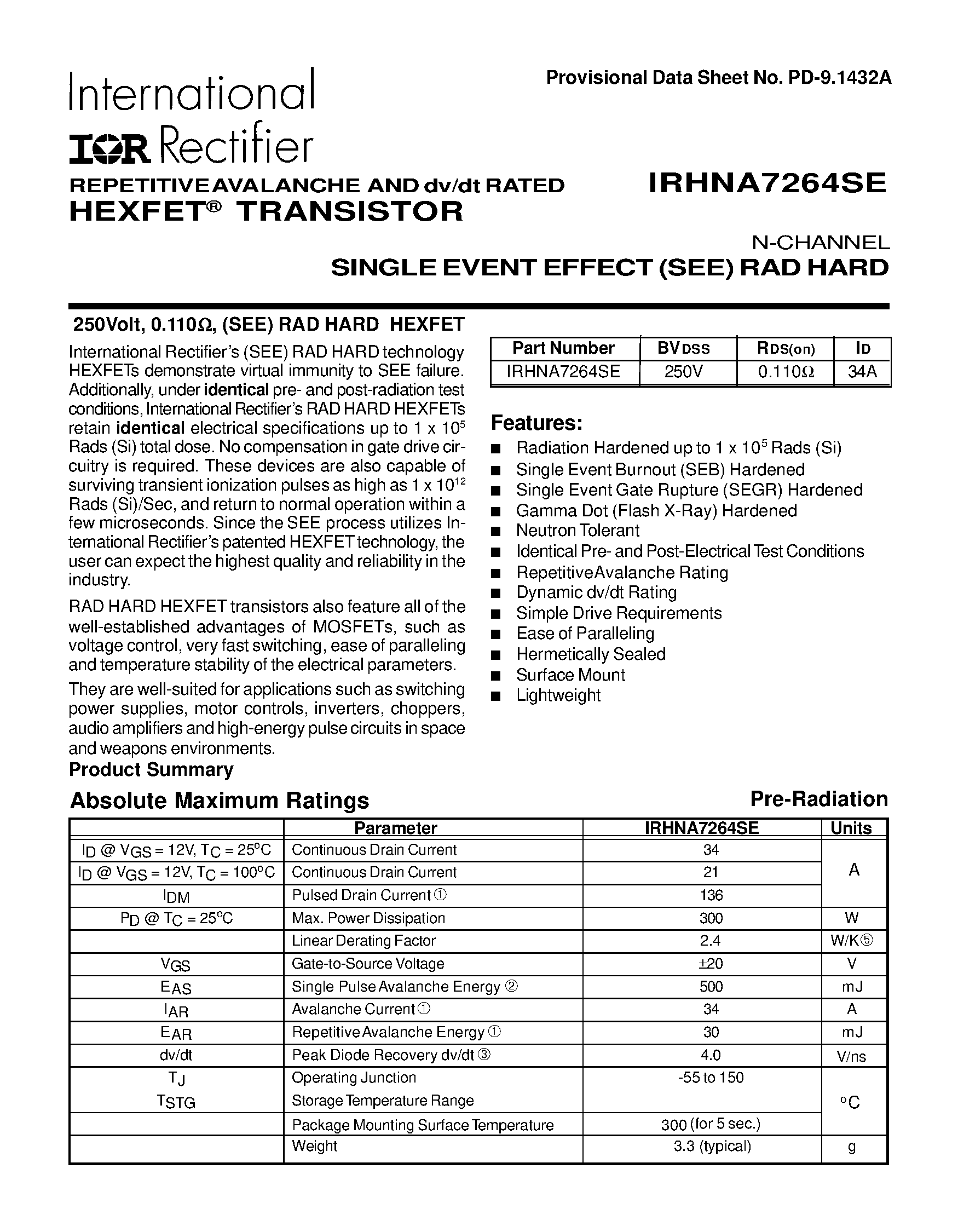 Datasheet IRHNA7264SE - TRANSISTOR N-CHANNEL page 1