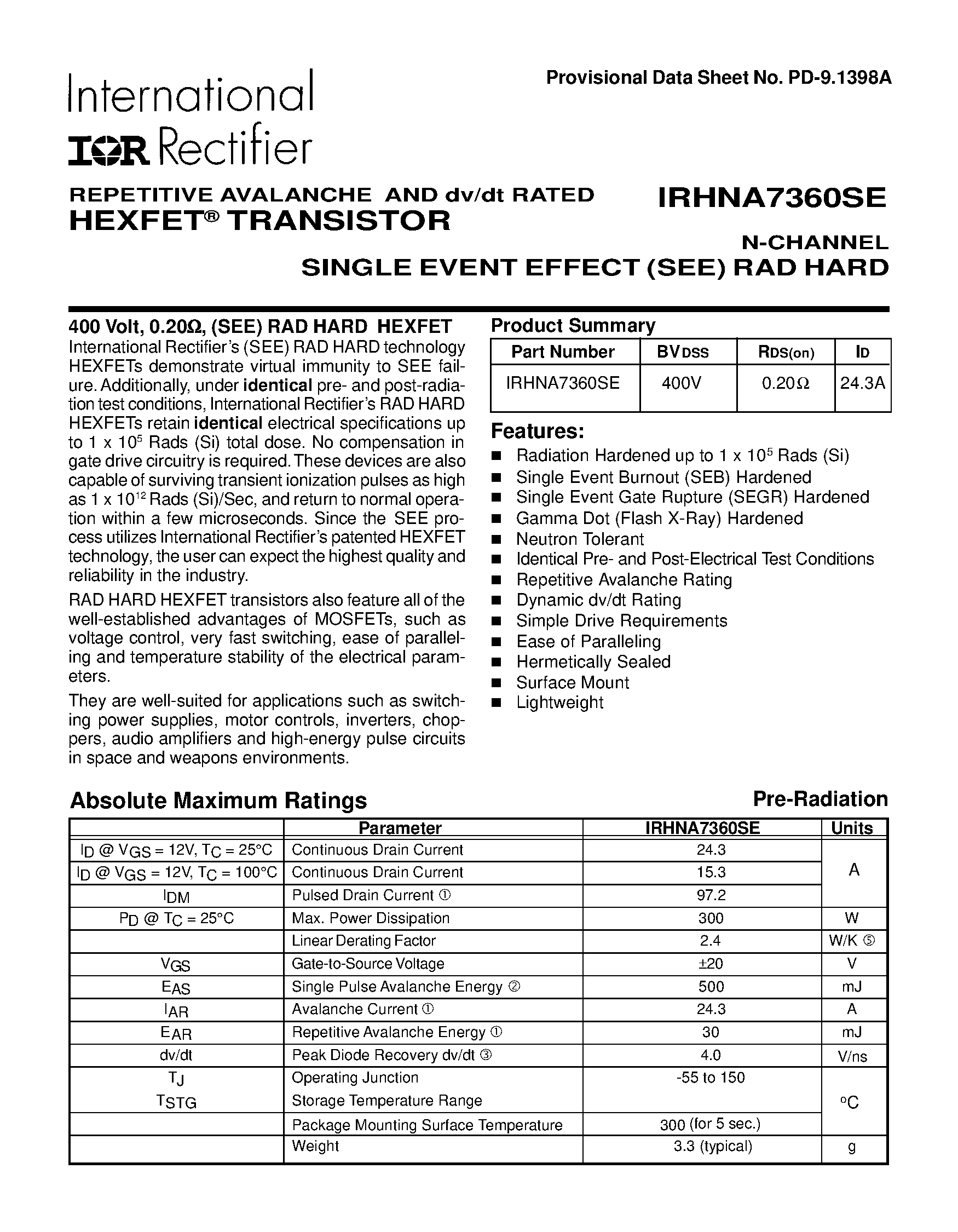 Datasheet IRHNA7360SE - TRANSISTOR N-CHANNEL page 1
