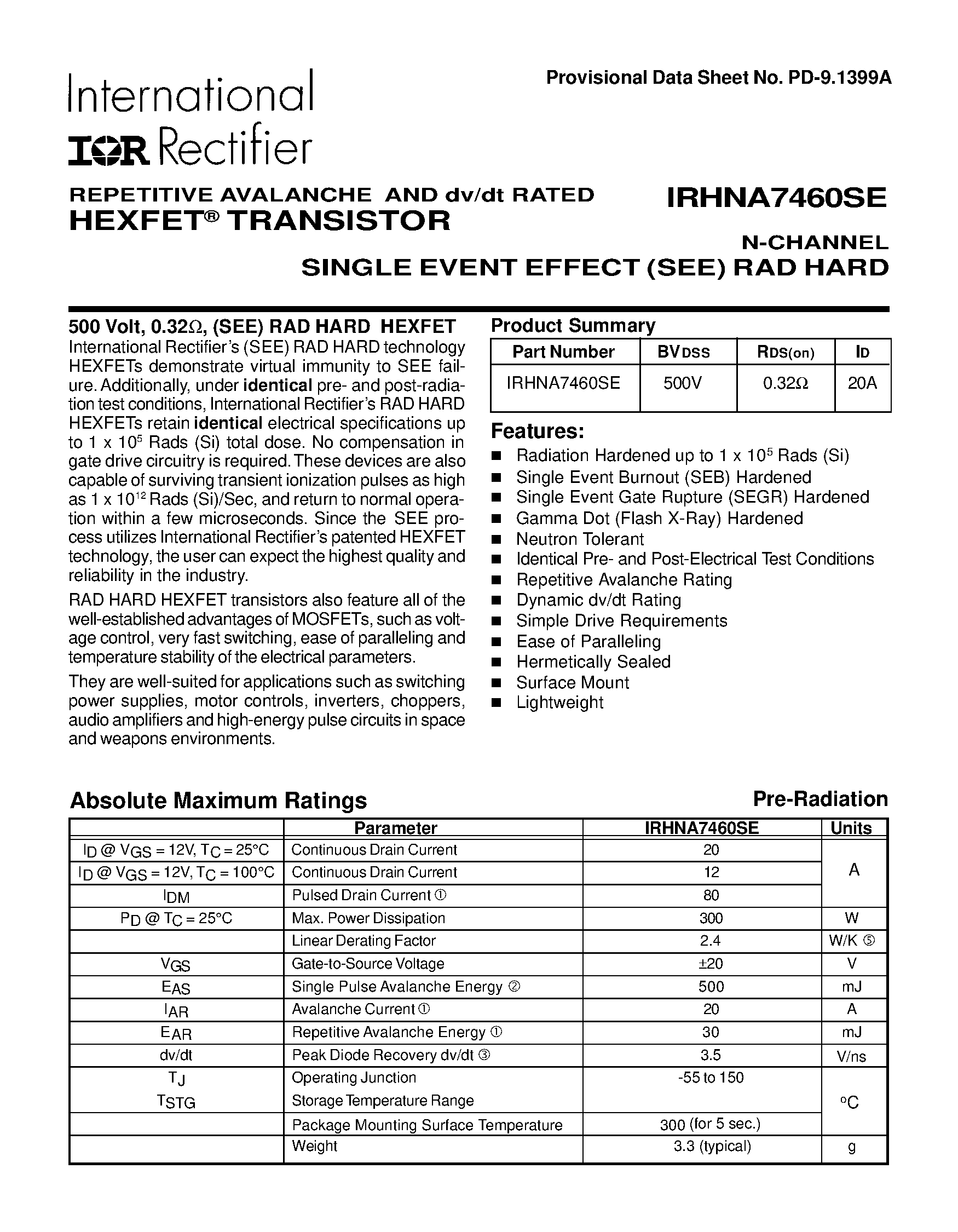 Datasheet IRHNA7460SE - TRANSISTOR N-CHANNEL page 1