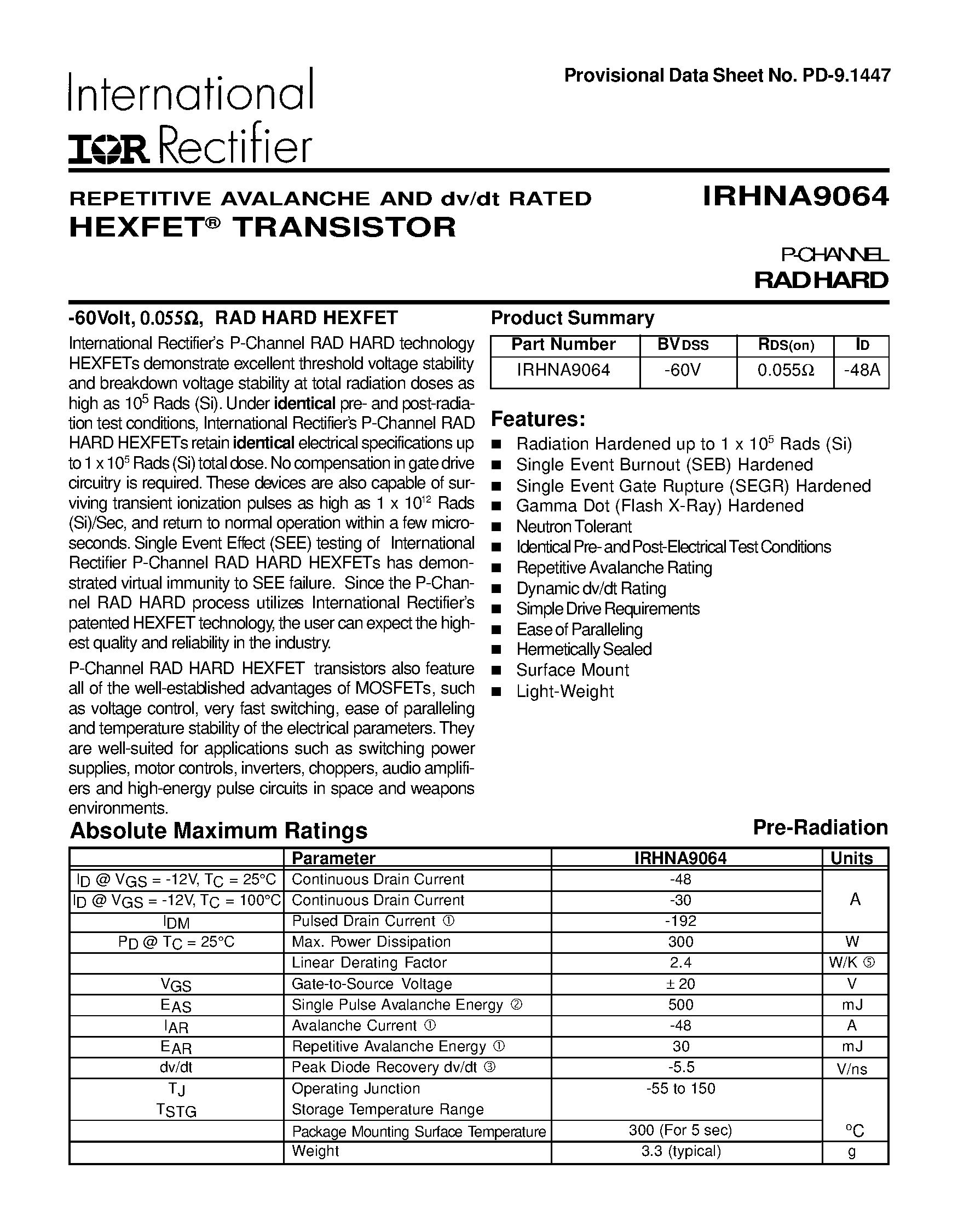Datasheet IRHNA9064 page 1 Datasheet IRHNA9064 - TRANSISTOR P-CHANNEL page 1
