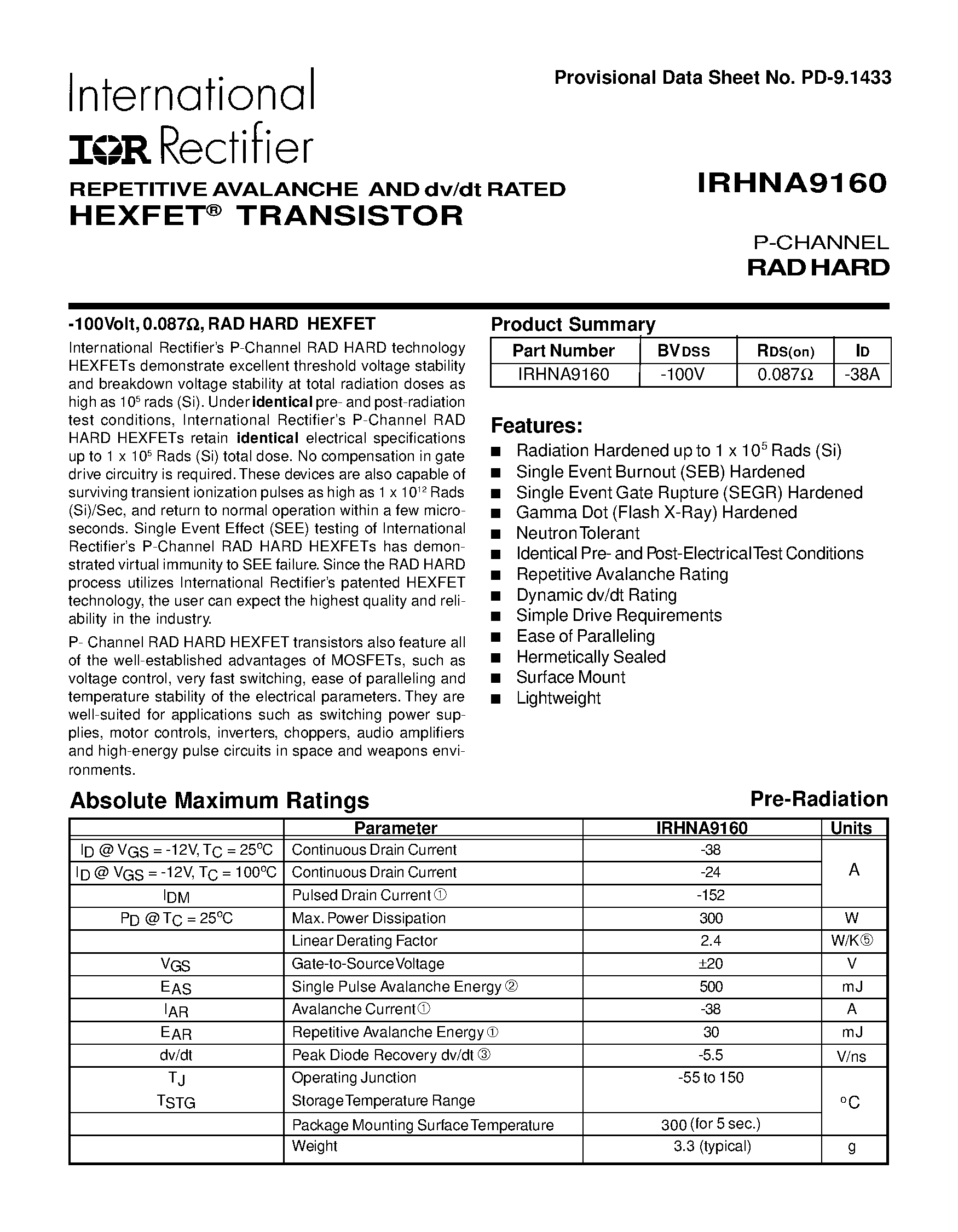 Datasheet IRHNA9160 page 1 Datasheet IRHNA9160 - TRANSISTOR P-CHANNEL page 1