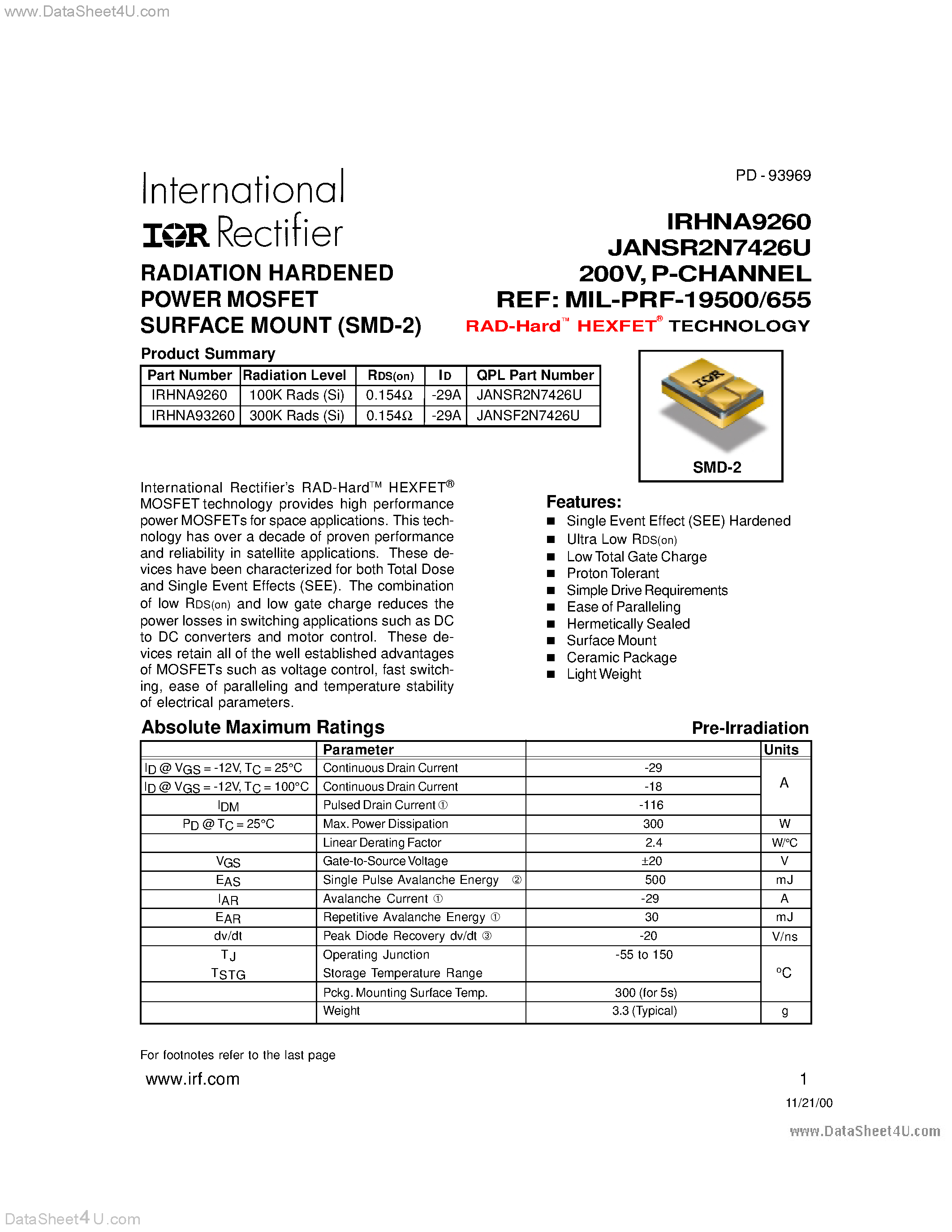 Datasheet IRHNA9260 - (IRHNA9260 / IRHNA93260) RADIATION HARDENED POWER MOSFET SURFACE MOUNT (SMD-2) page 1