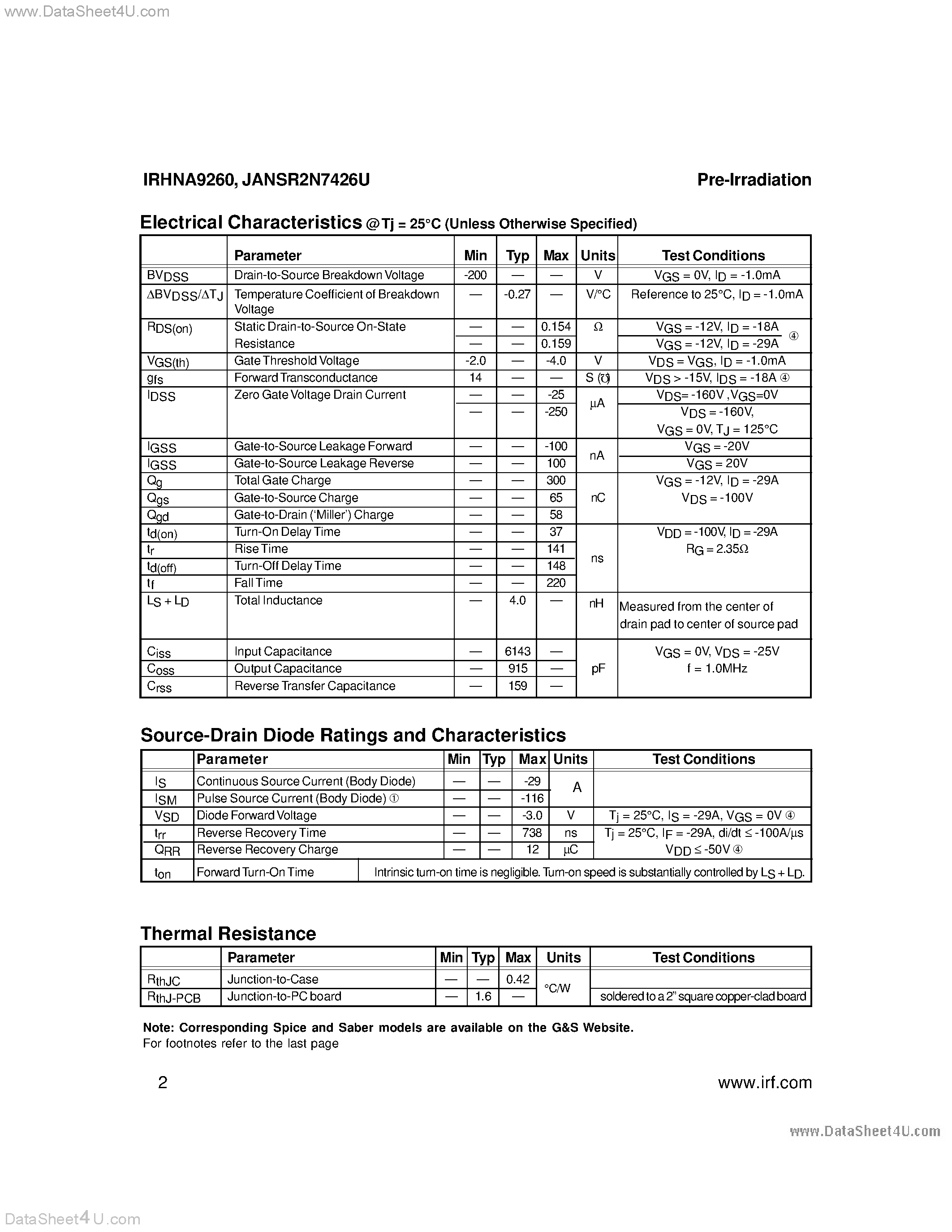 Datasheet IRHNA9260 - (IRHNA9260 / IRHNA93260) RADIATION HARDENED POWER MOSFET SURFACE MOUNT (SMD-2) page 2