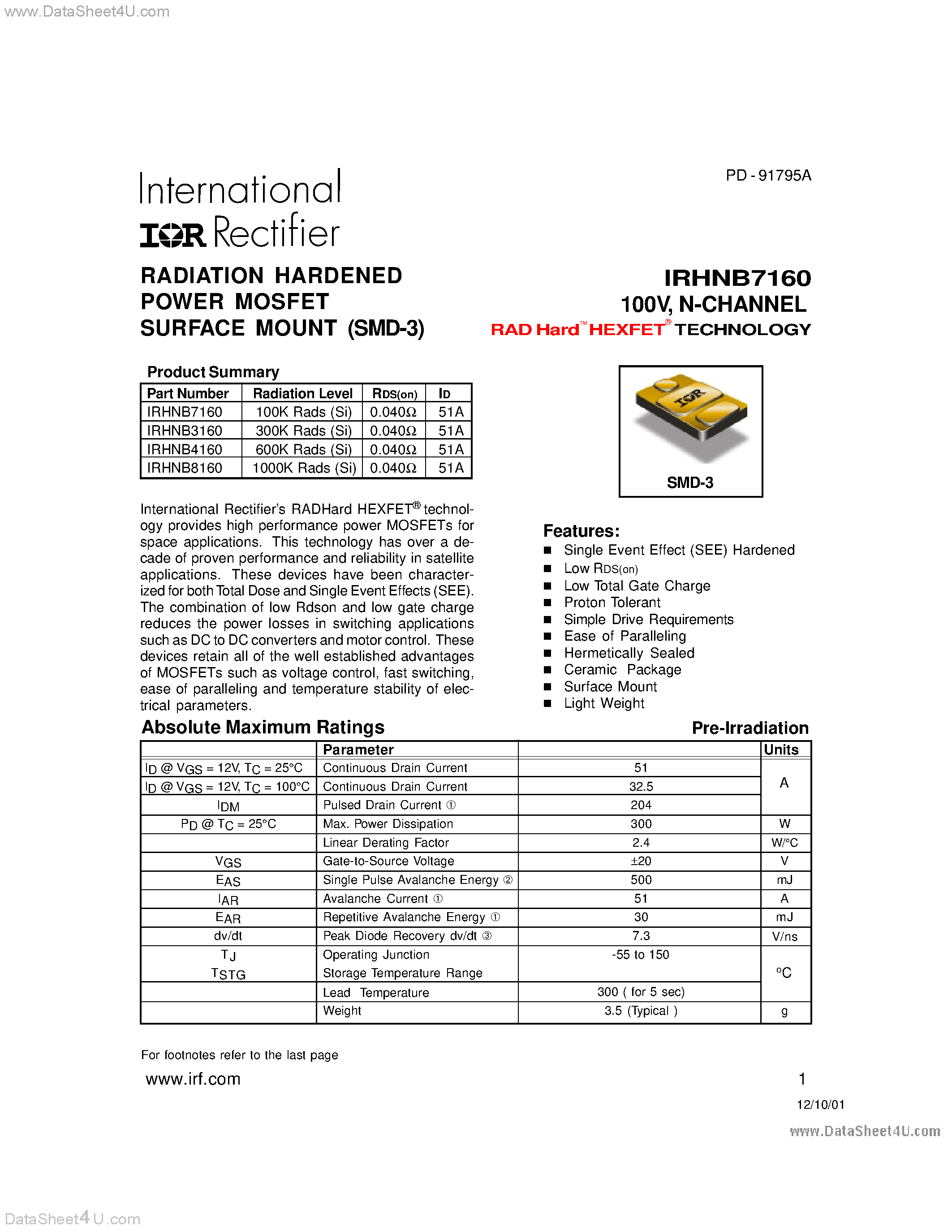 Datasheet IRHNB3160 - (IRHNBx160) RADIATION HARDENED POWER MOSFET SURFACE MOUNT (SMD-3) page 1