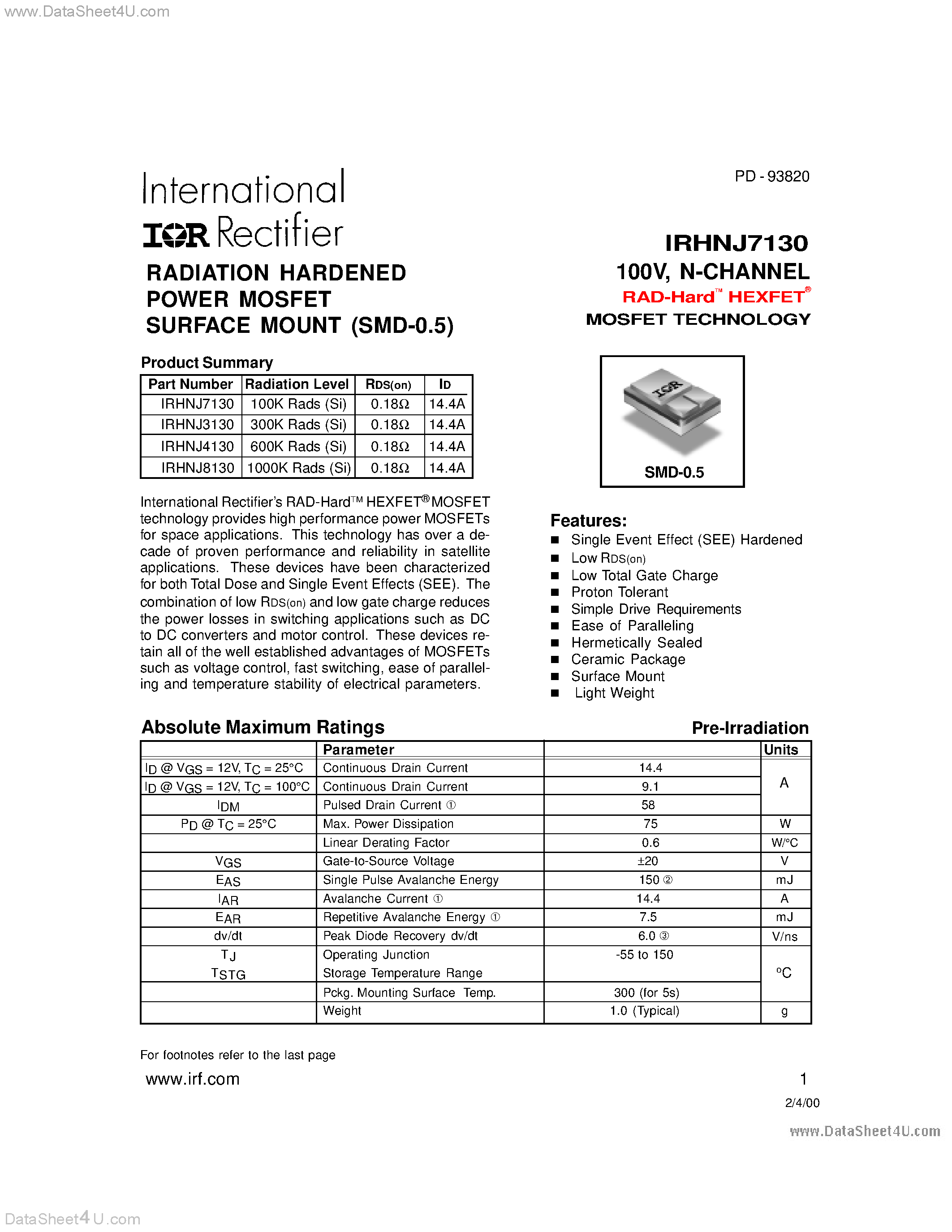 Datasheet IRHNJ3130 - (IRHNJx130) N-CHANNEL RAD-Hard HEXFET MOSFET TECHNOLOGY page 1