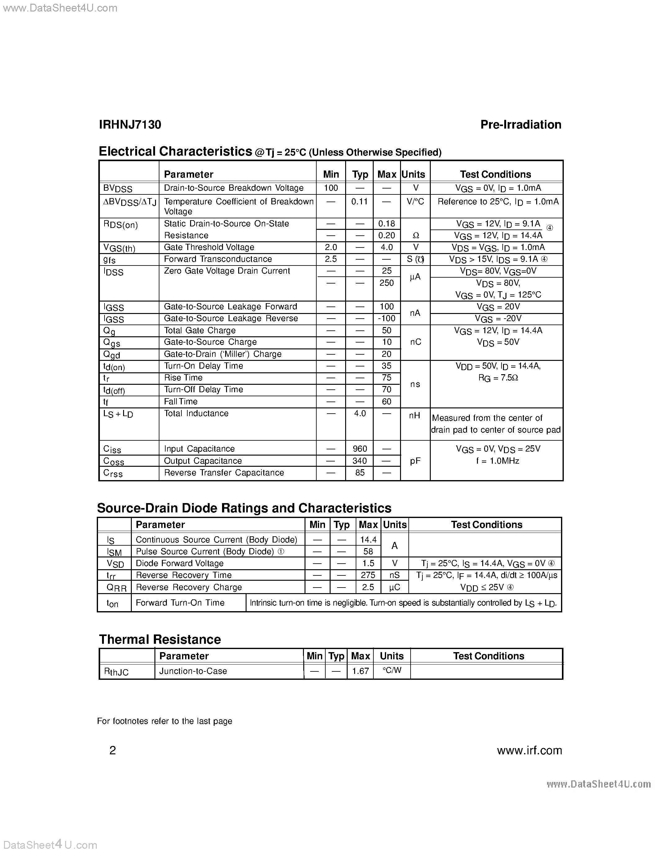 Datasheet IRHNJ3130 - (IRHNJx130) N-CHANNEL RAD-Hard HEXFET MOSFET TECHNOLOGY page 2