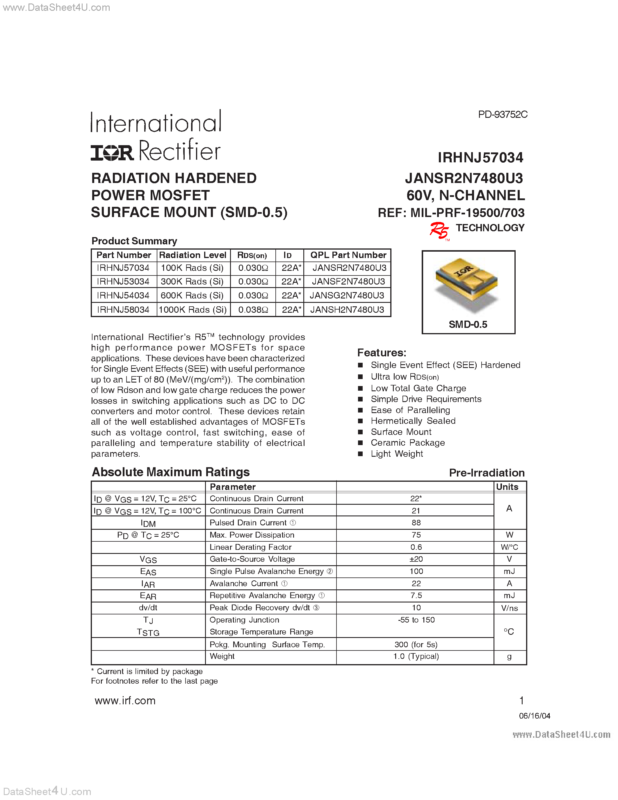 Datasheet IRHNJ53034 - (IRHNJ5x034) RADIATION HARDENED POWER MOSFET SURFACE MOUNT (SMD-0.5) page 1