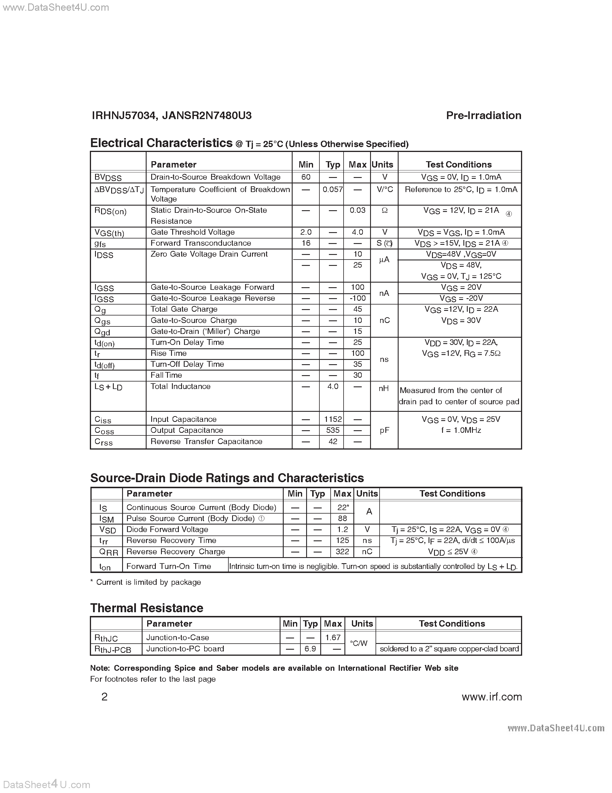 Datasheet IRHNJ53034 - (IRHNJ5x034) RADIATION HARDENED POWER MOSFET SURFACE MOUNT (SMD-0.5) page 2