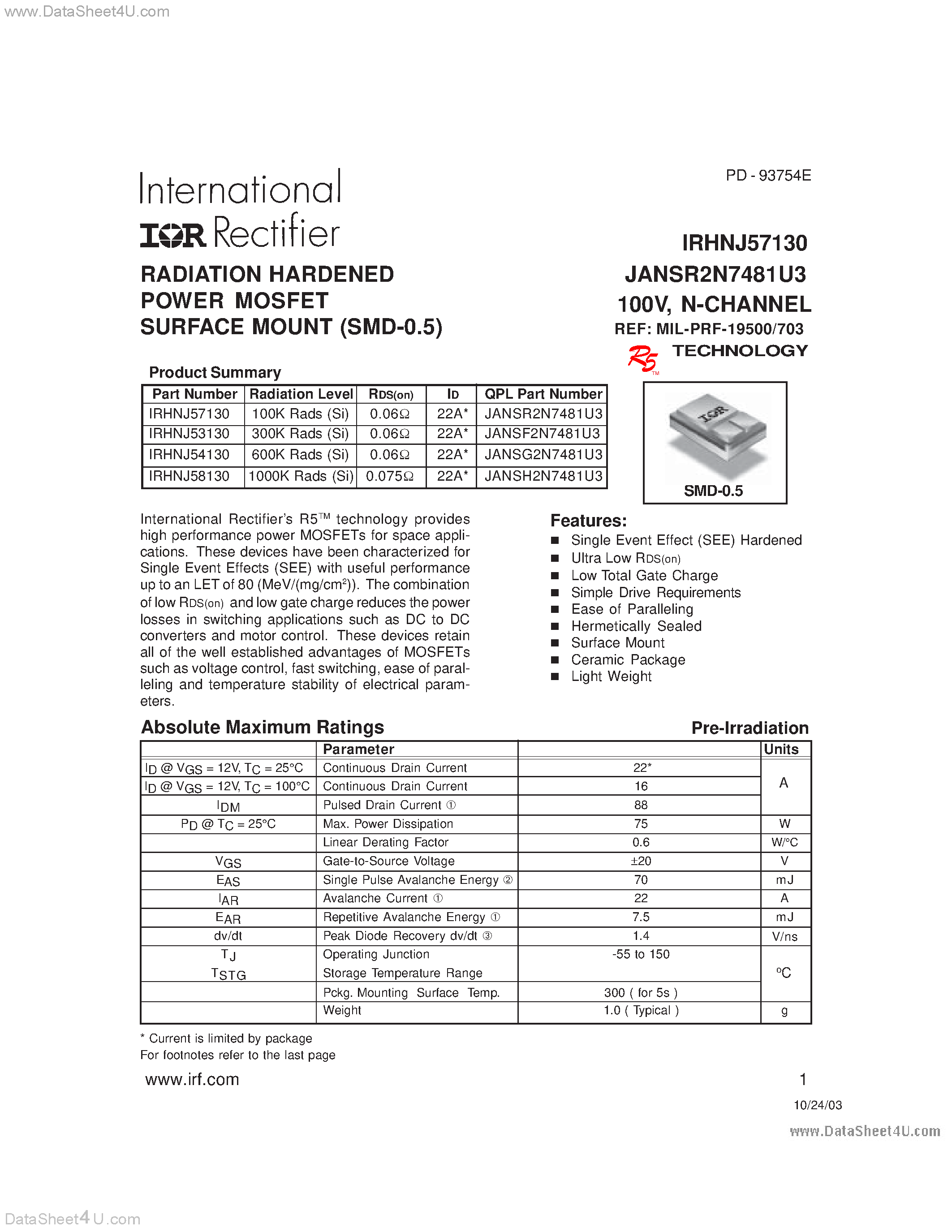Даташит IRHNJ54130 - (IRHNJ5x130) RADIATION HARDENED POWER MOSFET SURFACE MOUNT (SMD-0.5) страница 1