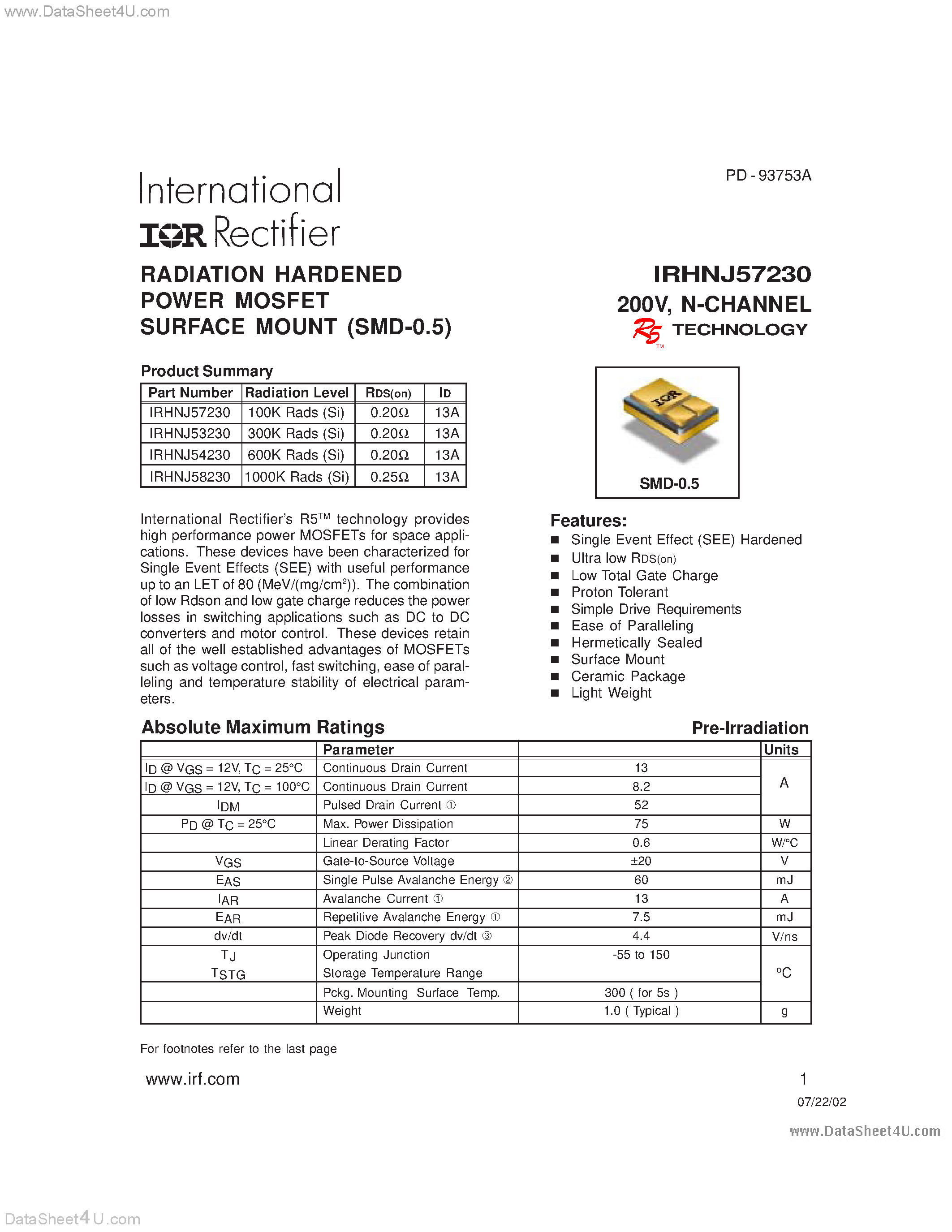 Datasheet IRHNJ53230 - (IRHNJ5x230) RADIATION HARDENED POWER MOSFET SURFACE MOUNT (SMD-0.5) page 1
