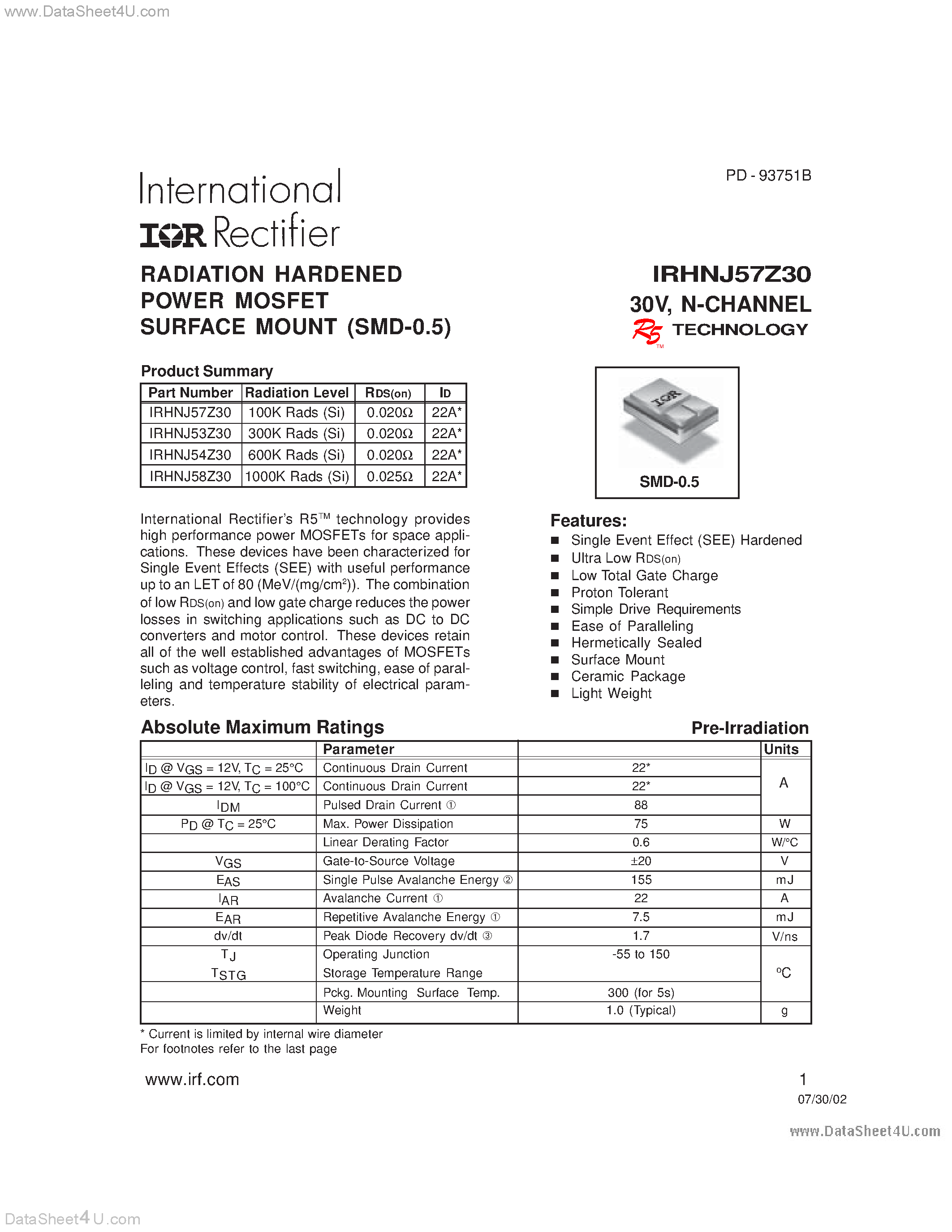 Даташит на микросхему IRHNJ53Z30 страница 1 Даташит IRHNJ53Z30 - (IRHNJ5xZ30) RADIATION HARDENED POWER MOSFET SURFACE MOUNT (SMD-0.5) страница 1