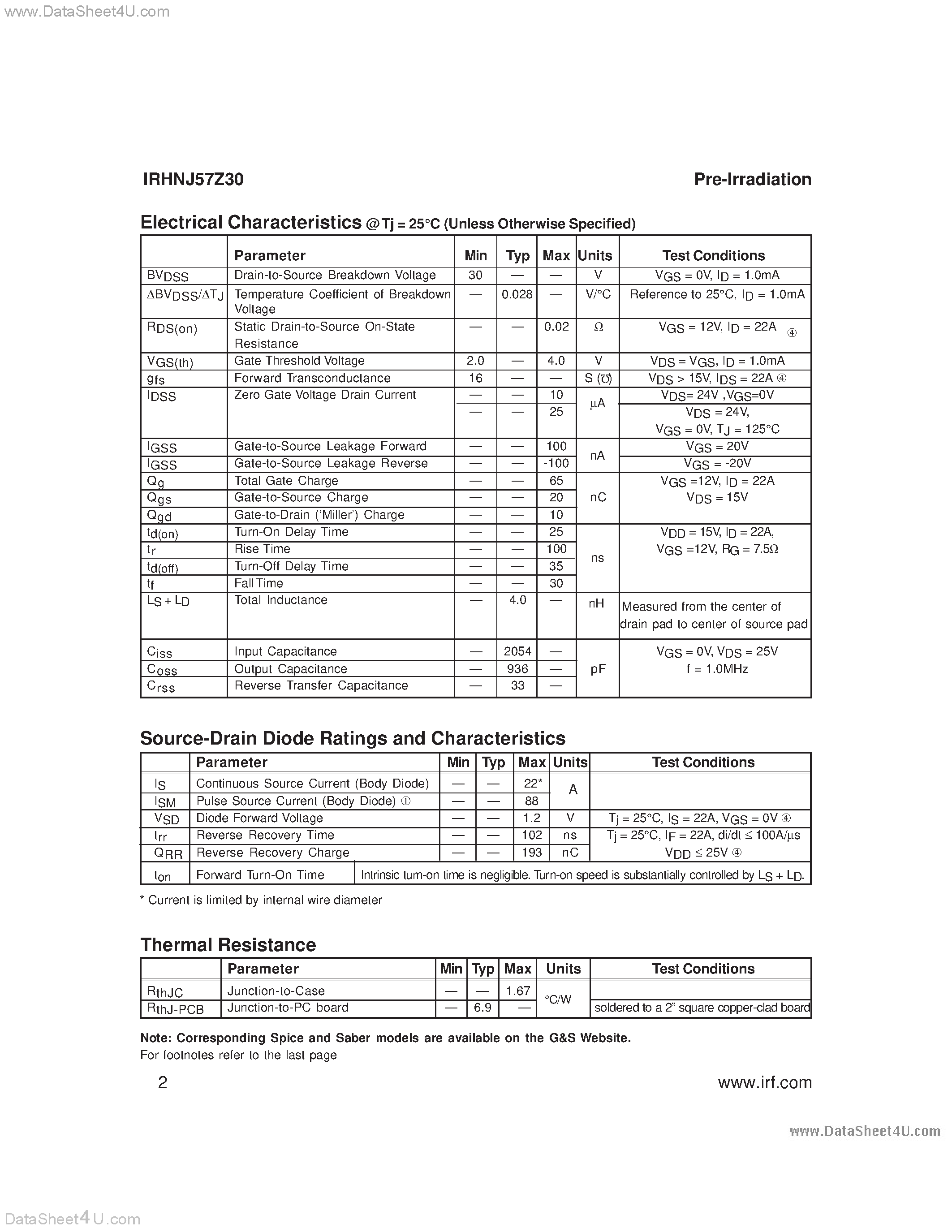 Даташит на микросхему IRHNJ53Z30 страница 2 Даташит IRHNJ53Z30 - (IRHNJ5xZ30) RADIATION HARDENED POWER MOSFET SURFACE MOUNT (SMD-0.5) страница 2
