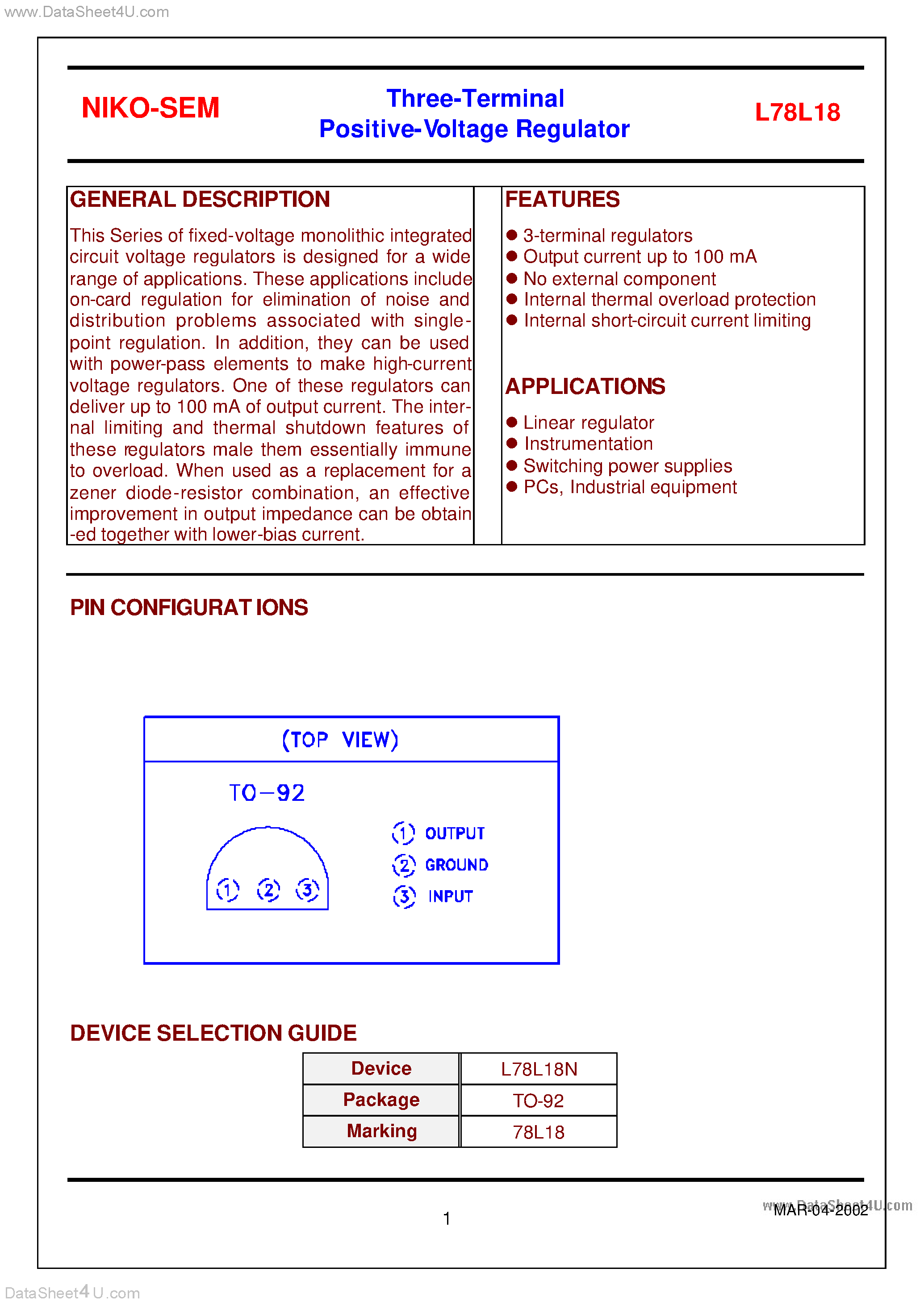 Даташит на микросхему L78L18 страница 1 Даташит L78L18 - Three-Terminal Positive-Voltage Regulator страница 1