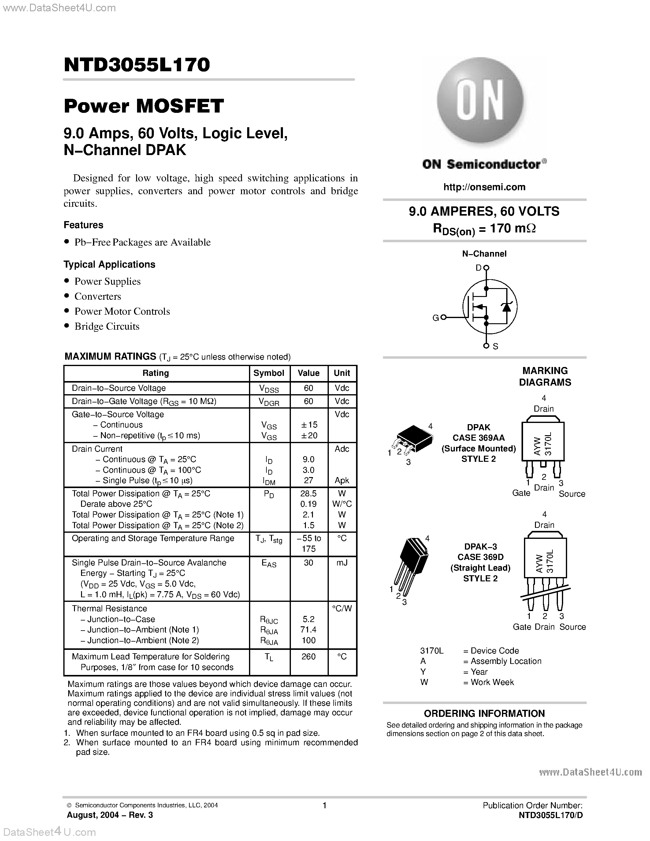 Datasheet NTD3055L170 - N-Channel DPAK page 1