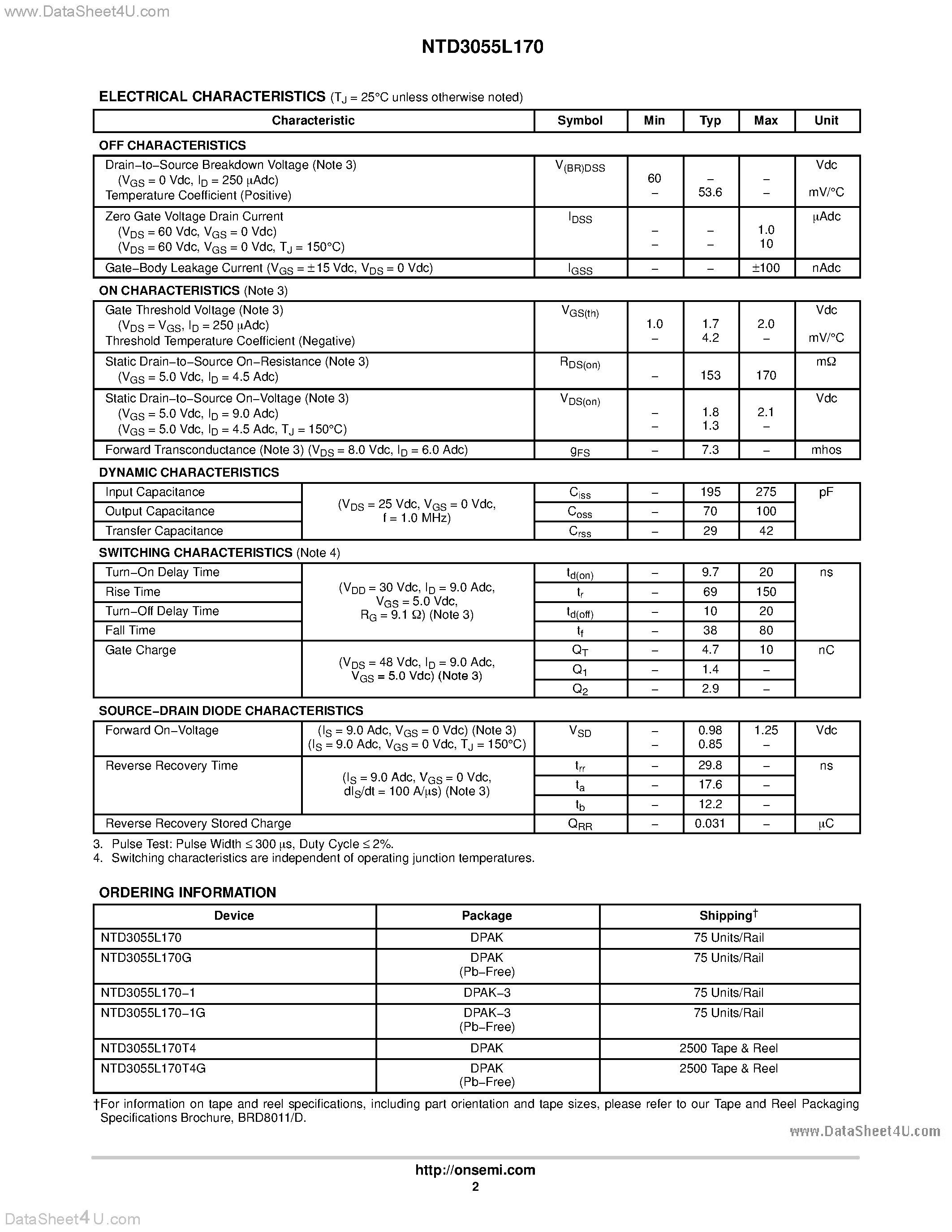 Datasheet NTD3055L170 - N-Channel DPAK page 2