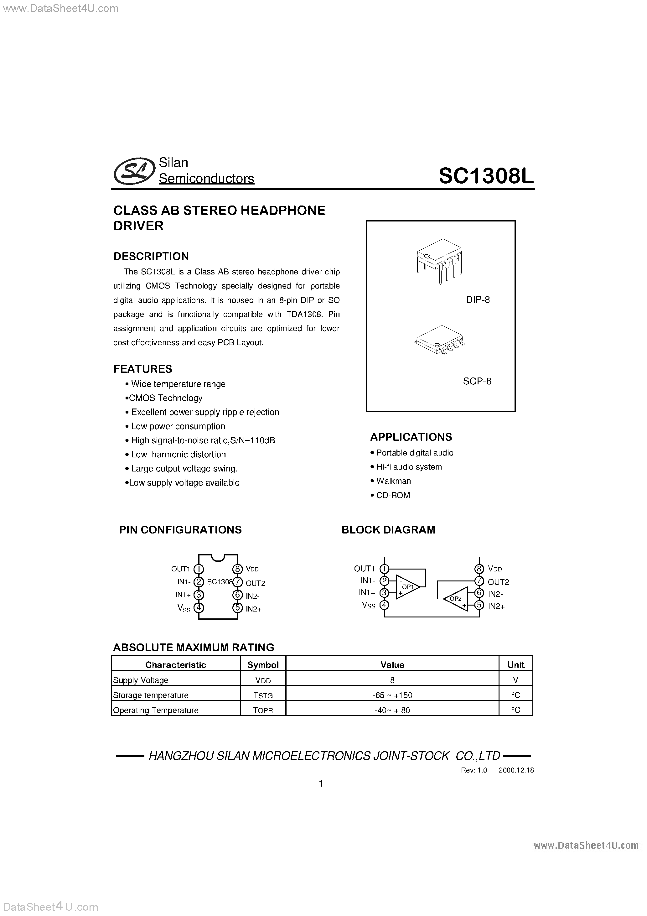 Даташит SC1308L - CLASS AB STEREO HEADPHONE DRIVER страница 1