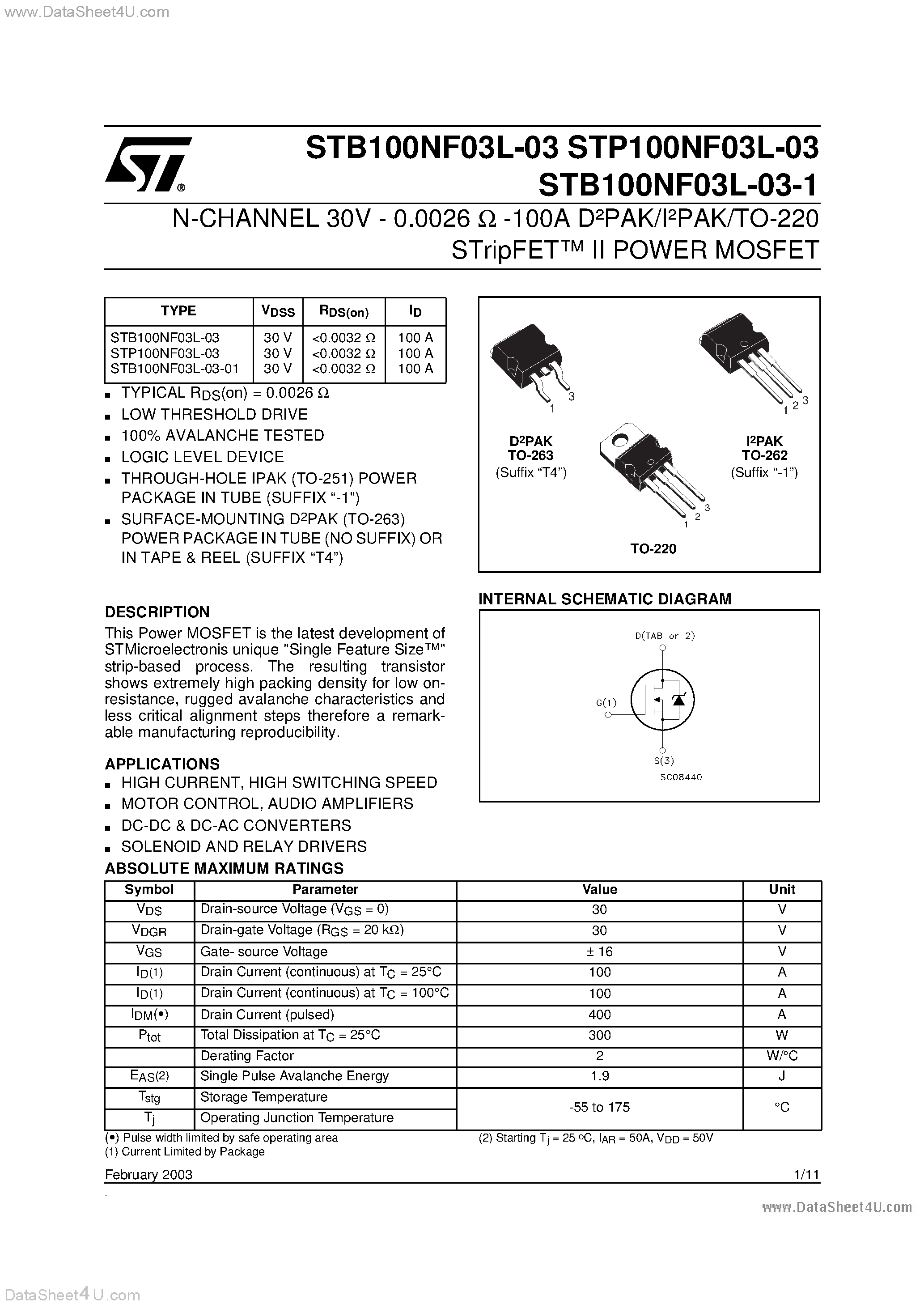Datasheet STB100NF03L-03 - N-CHANNEL POWER MOSFET page 1