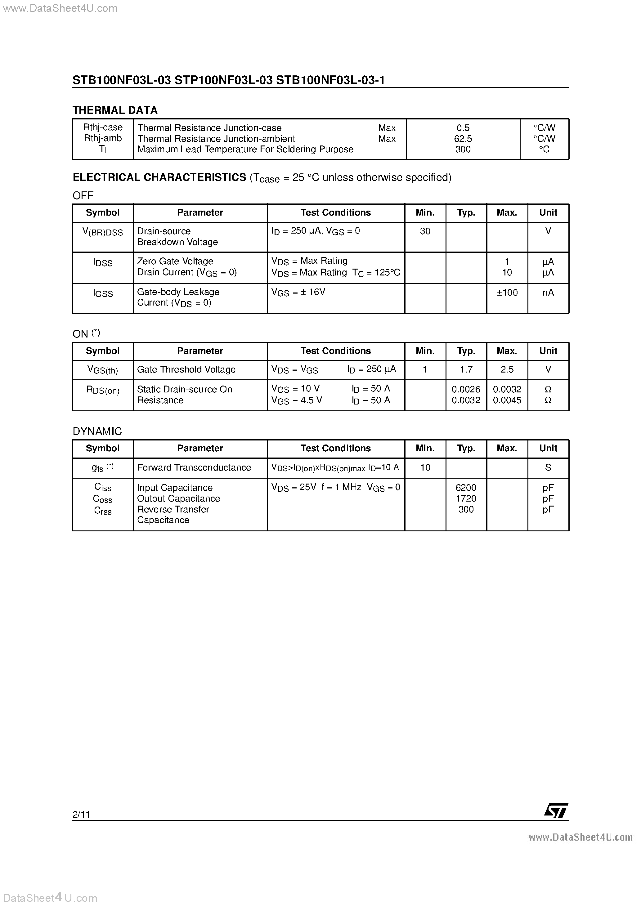 Datasheet STB100NF03L-03 - N-CHANNEL POWER MOSFET page 2