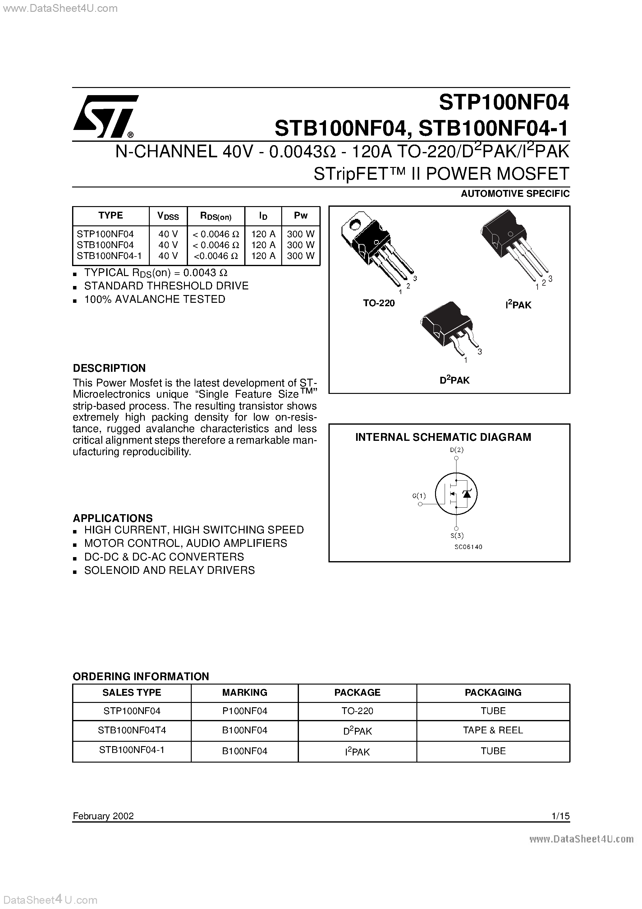 Datasheet STB100NF04 - N-CHANNEL POWER MOSFET page 1