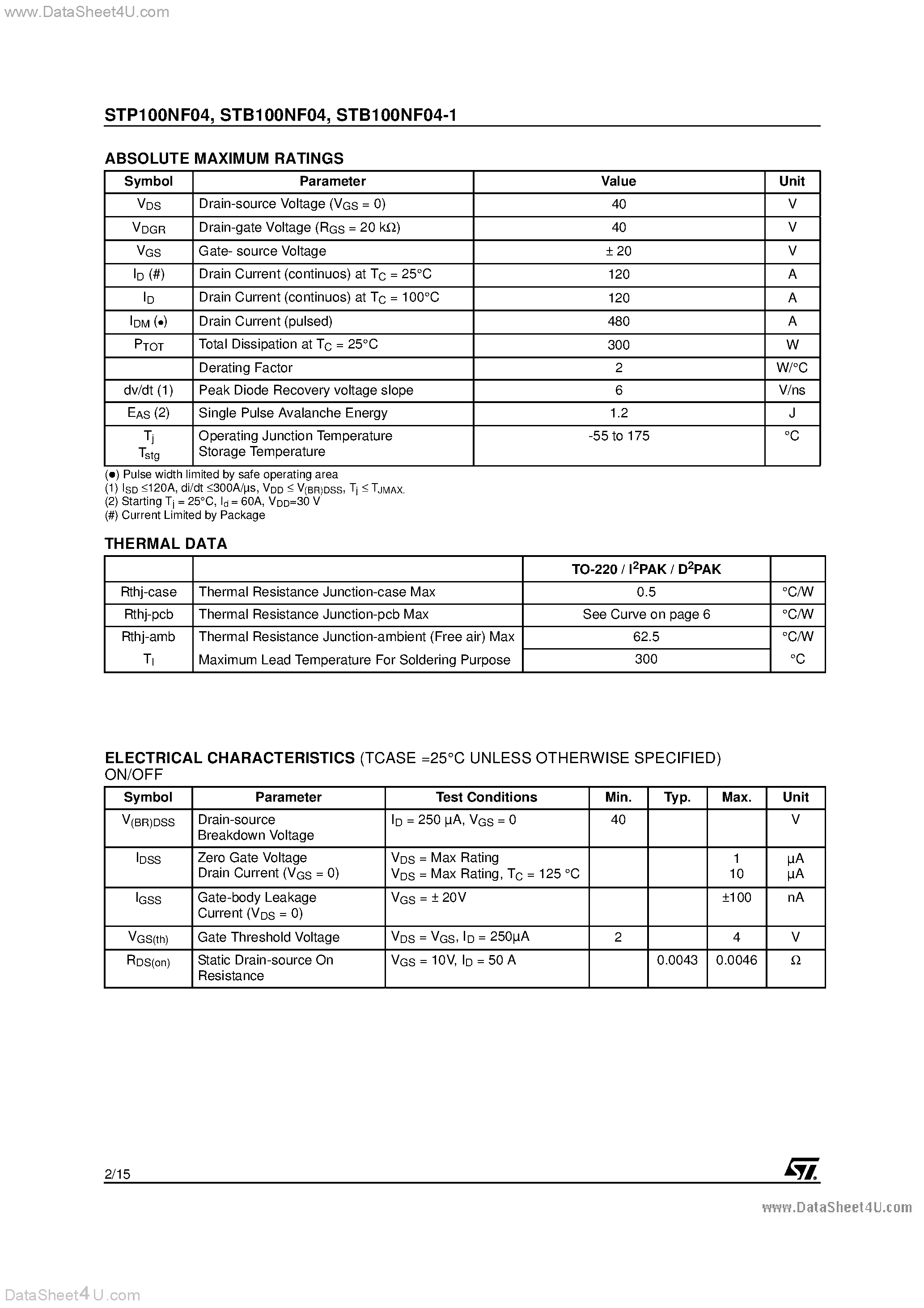 Datasheet STB100NF04 - N-CHANNEL POWER MOSFET page 2