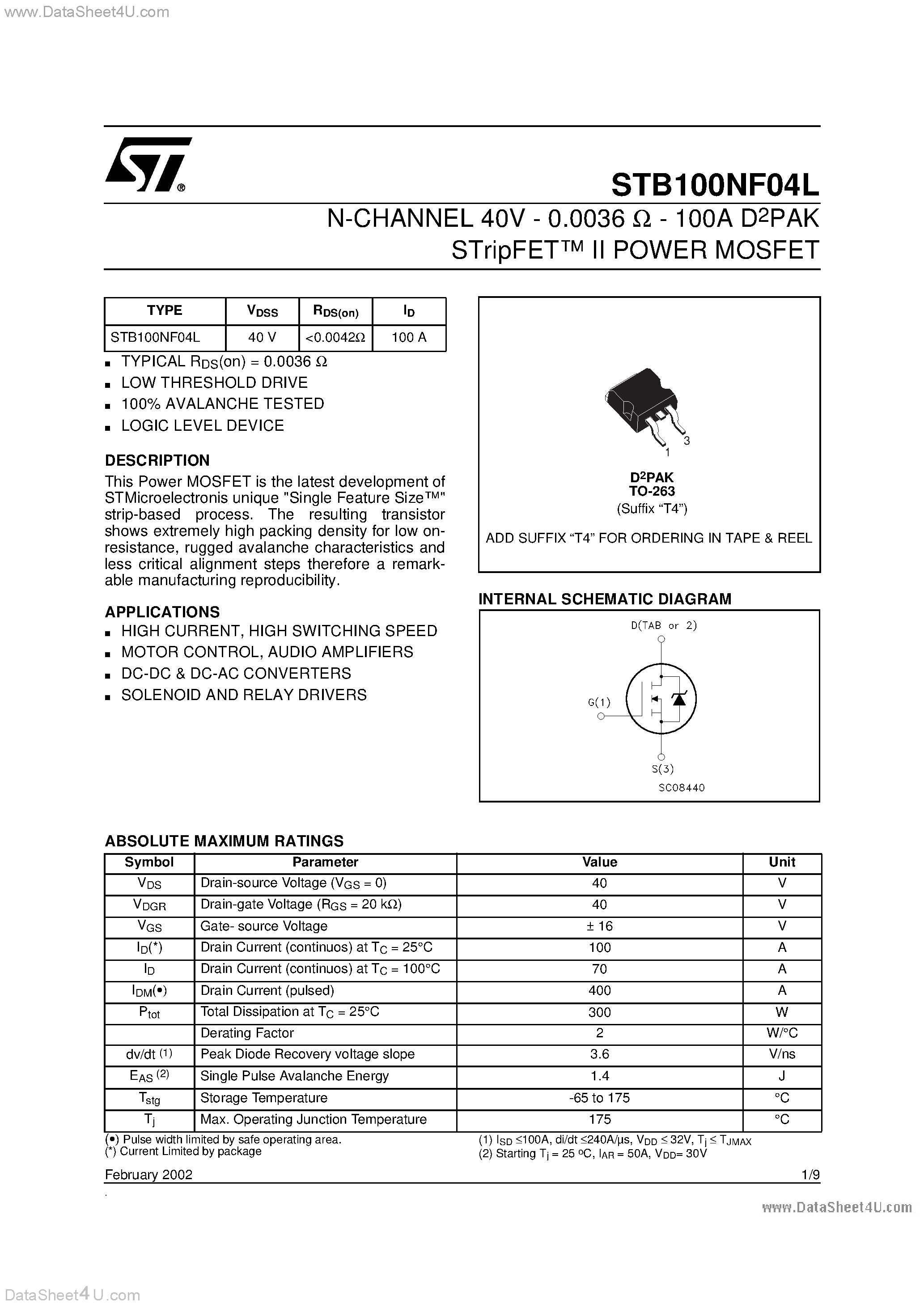Datasheet STB100NF04L - N-CHANNEL POWER MOSFET page 1