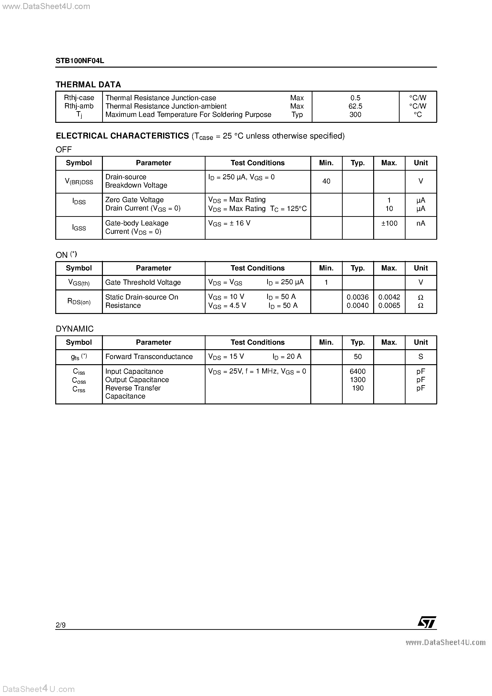 Datasheet STB100NF04L - N-CHANNEL POWER MOSFET page 2