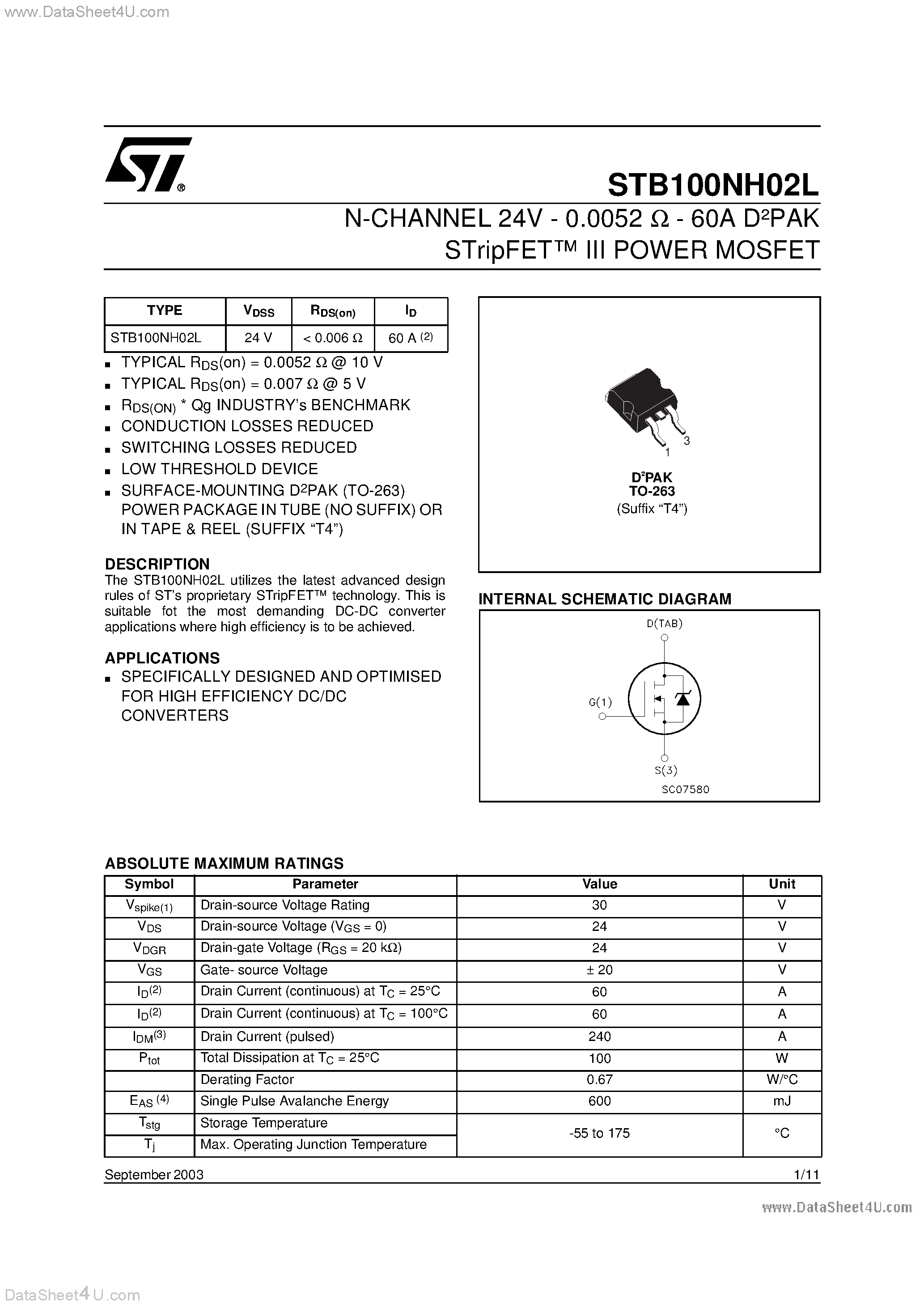 Datasheet STB100NH02L - N-CHANNEL POWER MOSFET page 1