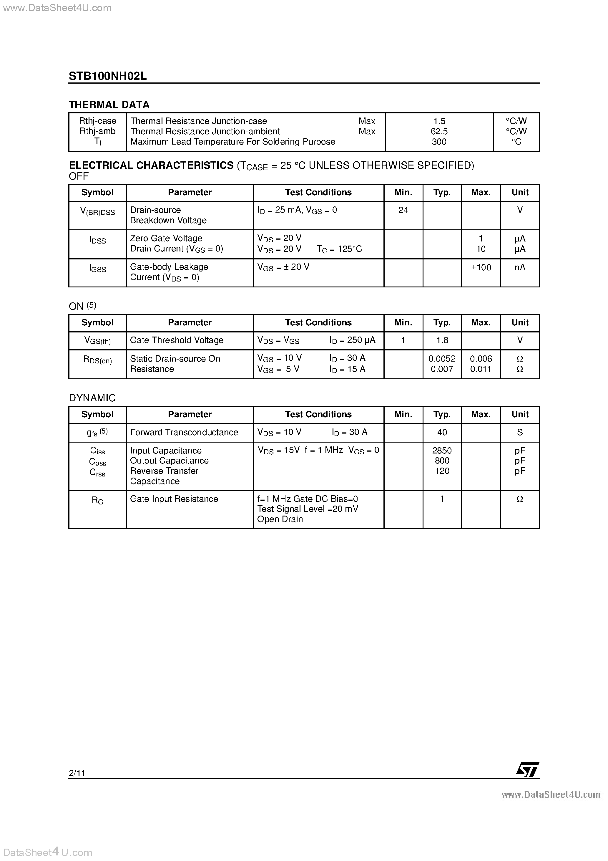 Datasheet STB100NH02L - N-CHANNEL POWER MOSFET page 2