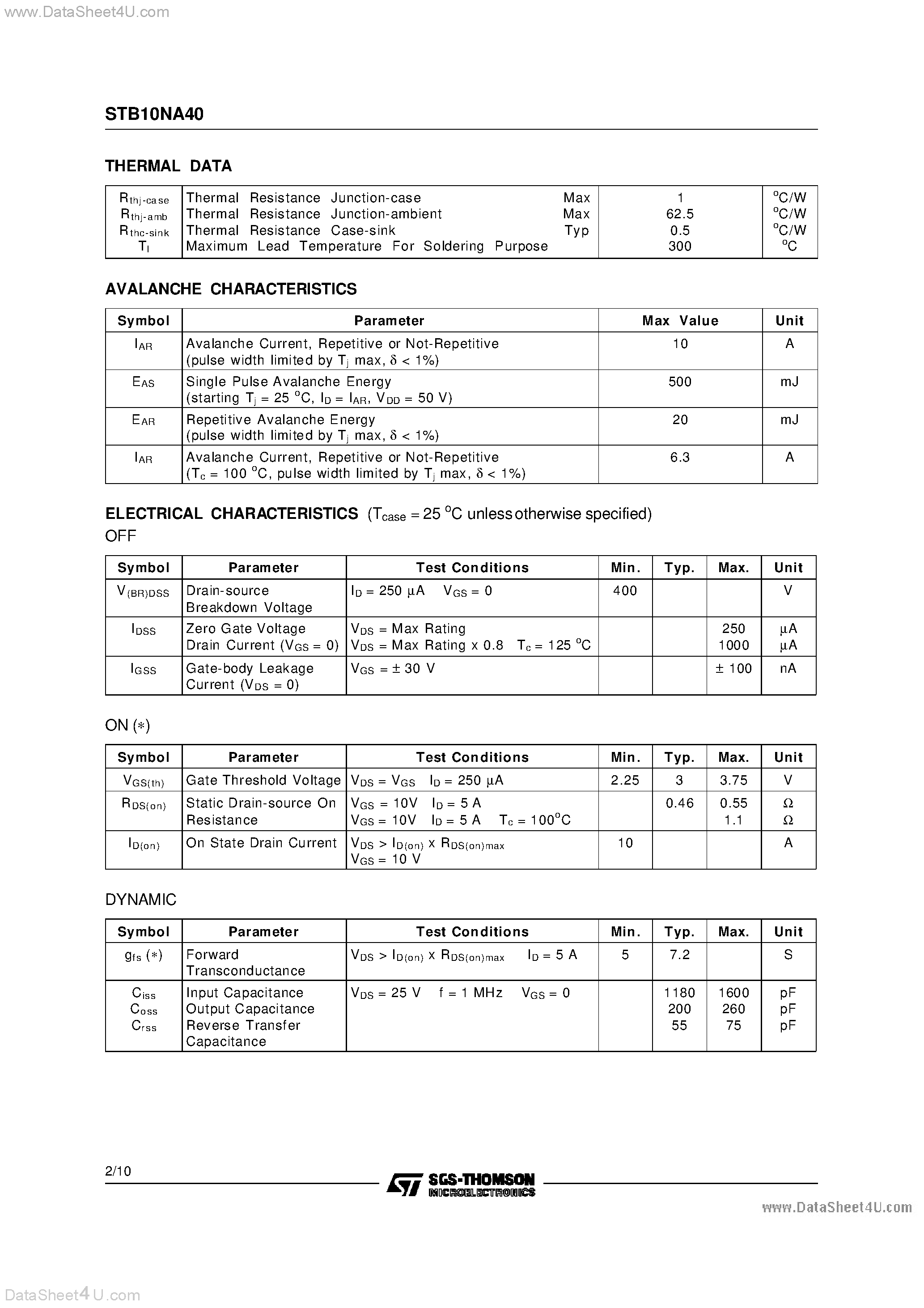 Datasheet STB10NA40 page 2 Datasheet STB10NA40 - N-CHANNEL POWER MOSFET page 2