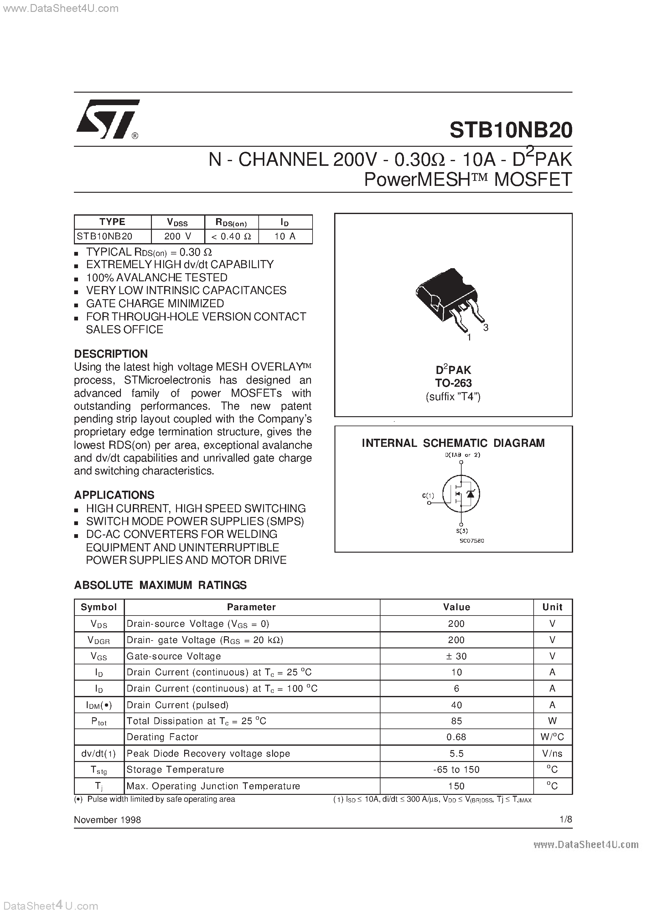 Datasheet STB10NB20 - N-CHANNEL POWER MOSFET page 1